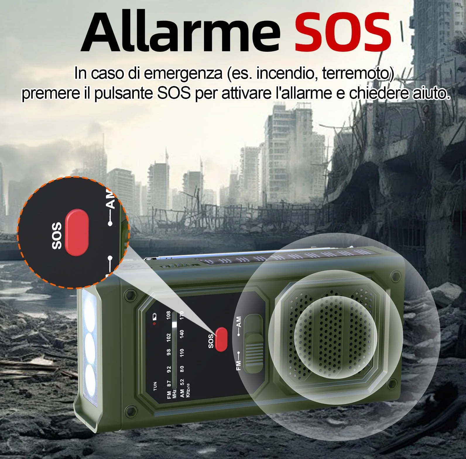 Radio Solaire d'Urgence AM/FM avec Lampe Torche LED, Alarme SOS, Recharge USB/Solaire/Manivelle, Batterie 2000mAh, Vert