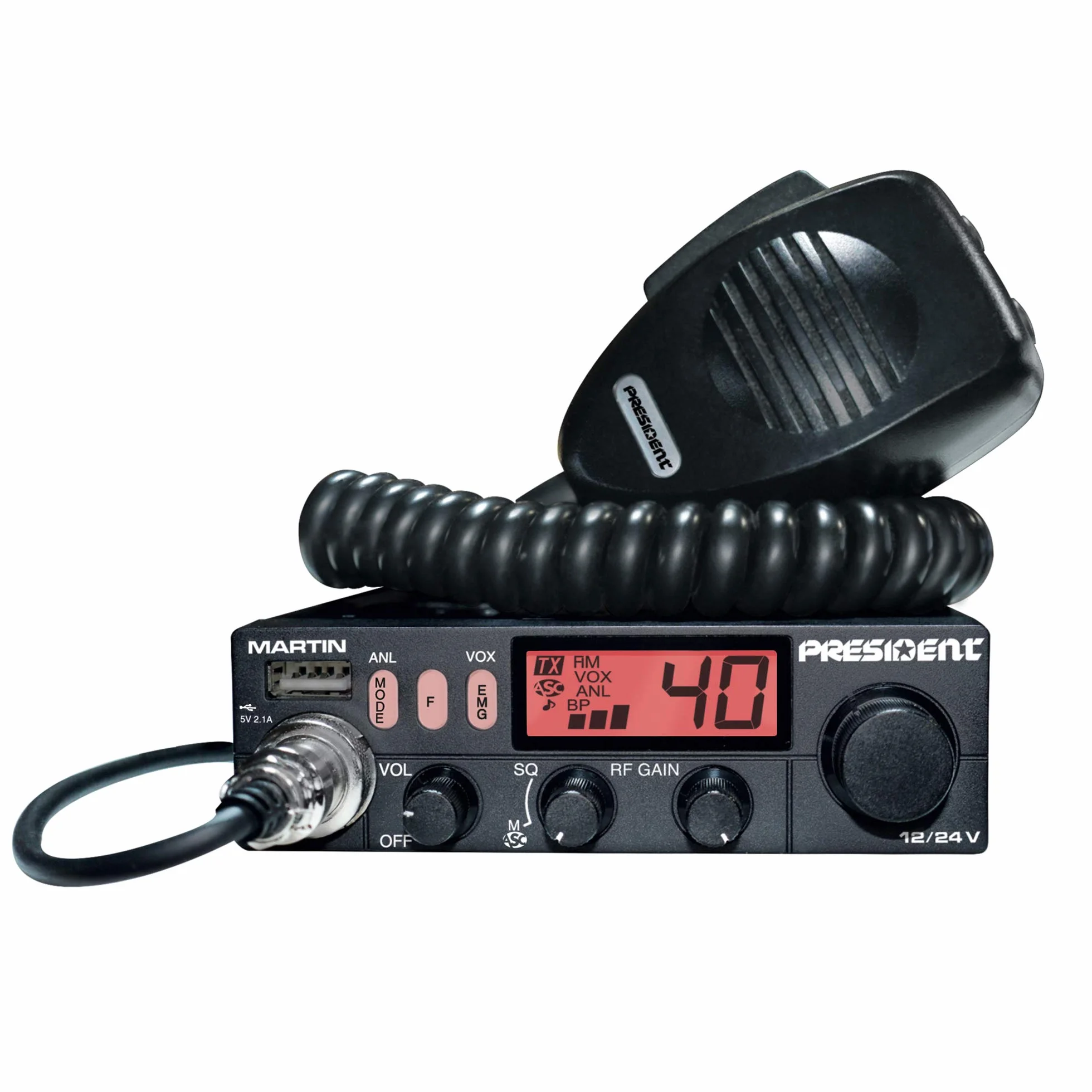 PRESIDENT Martin Multistandard 40CH AM/FM Roger Beep Scan ANL Filtre 4 W 12/24 V avec écran Multicolore