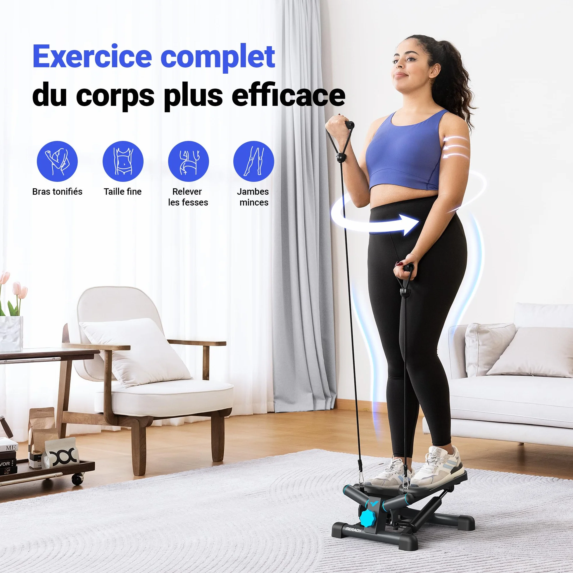 MERACH Stepper 2 en 1 pour la Maison, Silencieux 150 kg avec Écran LCD, Fitness avec Cordes de Puissance