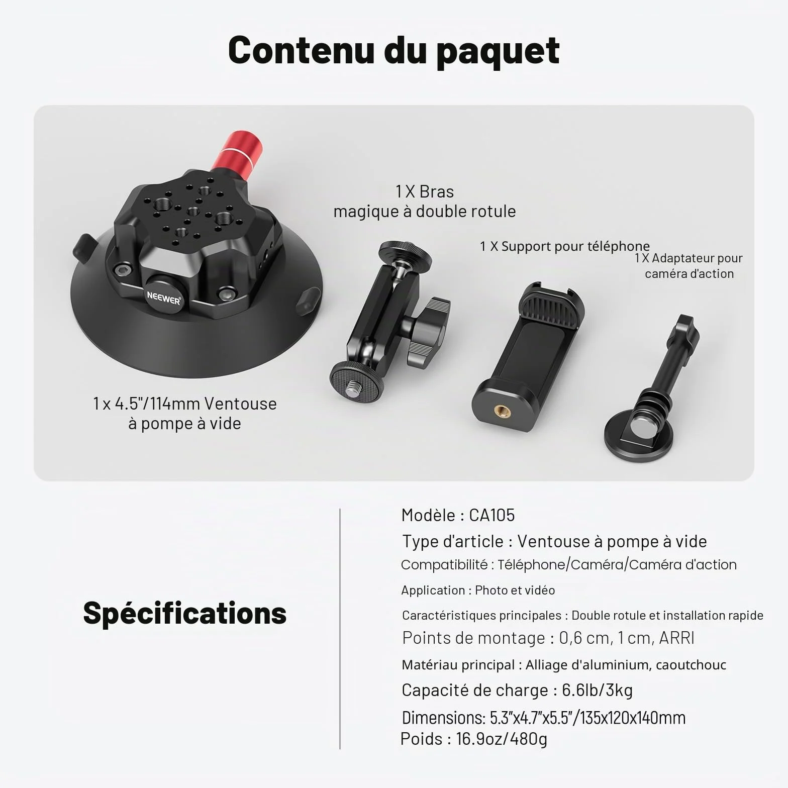 NEEWER Support Caméra Ventouse 4,5" Bras Magique, Compatible avec Arri 1/4" 3/8" Trous, Support Voiture Quick Release, Adaptateur Action Cam Compatible avec iPhone GoPro DJI Insta360, CA105