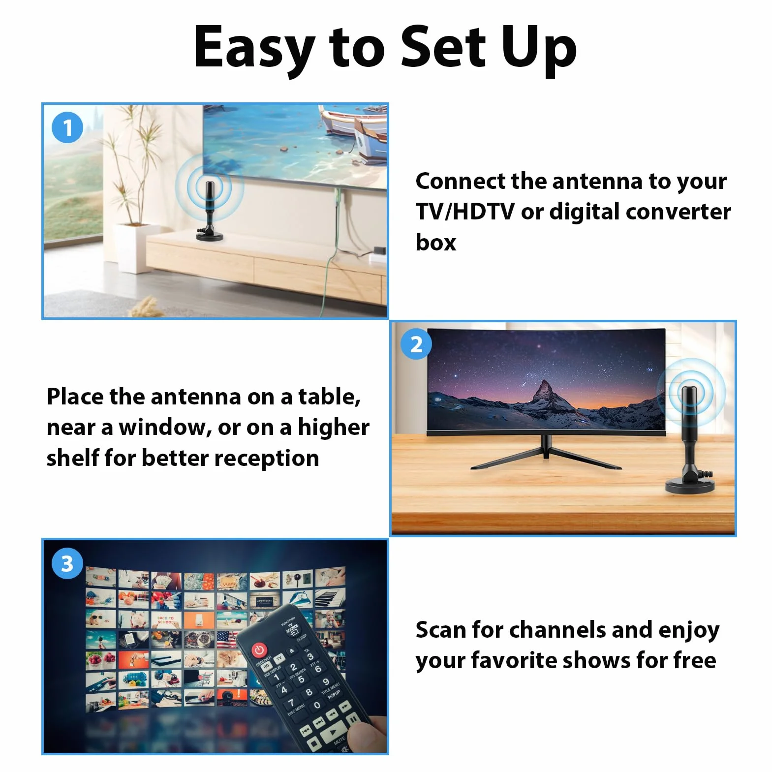 Antenne TV IntéRieur Puissante, HD Haute Performance avec Base Magnétique, Réception 360° Compatible 4K UHD & DVB-T2 Câble Coaxial 3m pour Télévision Intelligente Antenne TNT sans Abonnement