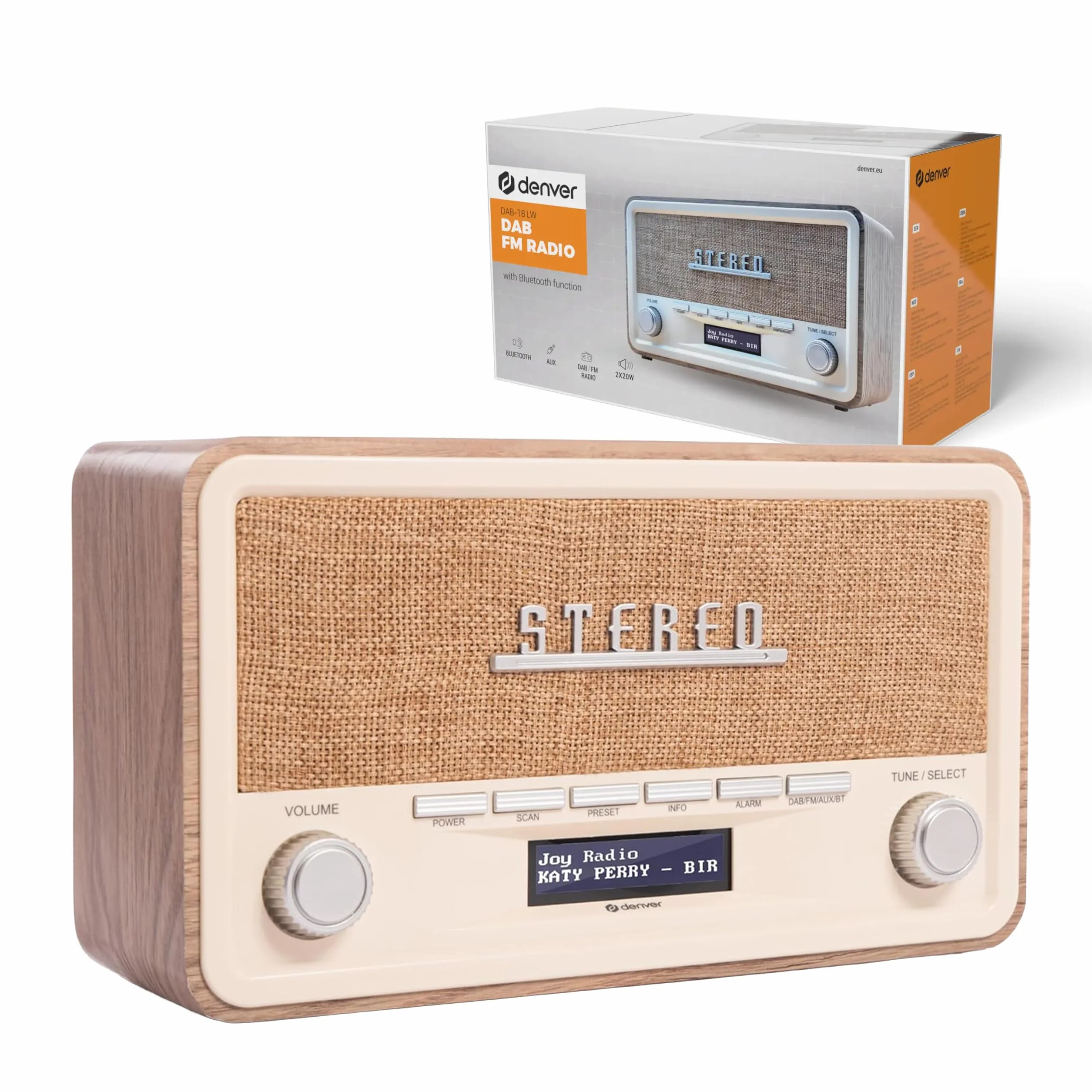 Denver DAB-18LW Radio numérique Dab+/FM Bluetooth, AUX, écran LCD, Horloge-réveil, Finition Bois Clair