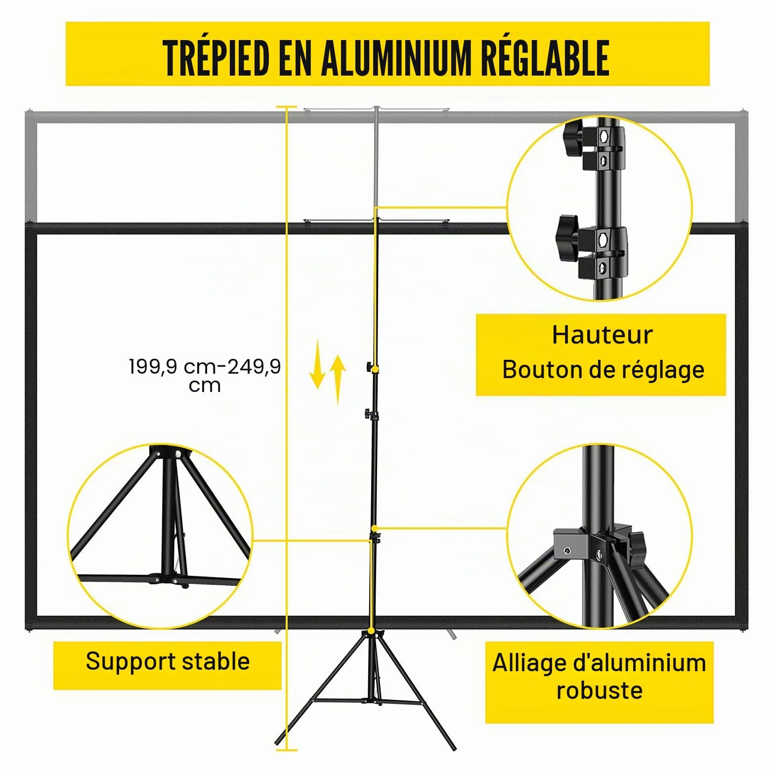 VEVOR Écran de Projection 110 Pouces 4K HD 16:9 Trépied Réglable 244x137 cm Infroissable Blanc/Noir