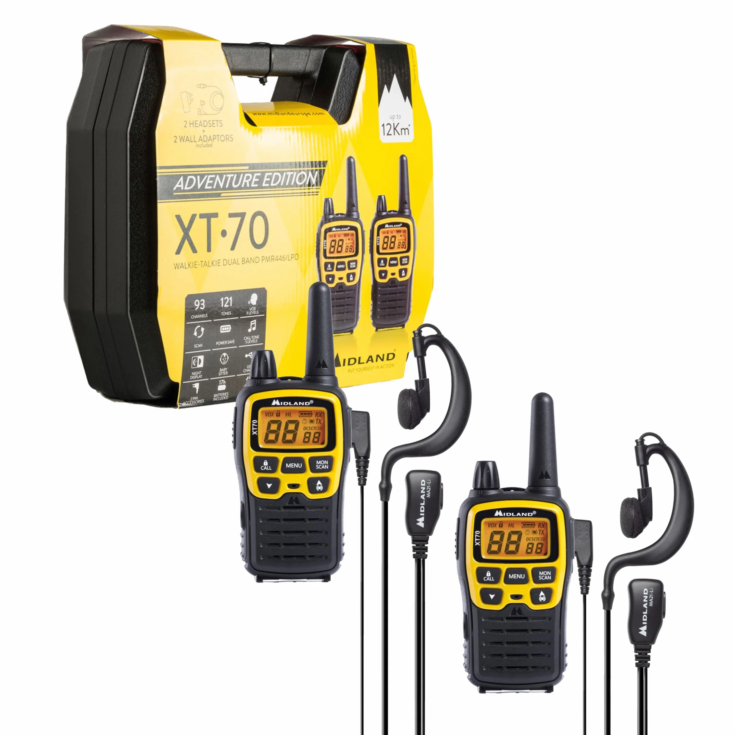 Midland C1180.01 XT70 Adventure Talkie Walkie - Émetteur-Récepteur Radio Pro Bi-bande à Recharge Rapide - Jaune - 69 LPD et 24 PMR446, 12 km, 38 Tonalités et 83 Codes - Lot de 2 Émetteurs-Récepteurs