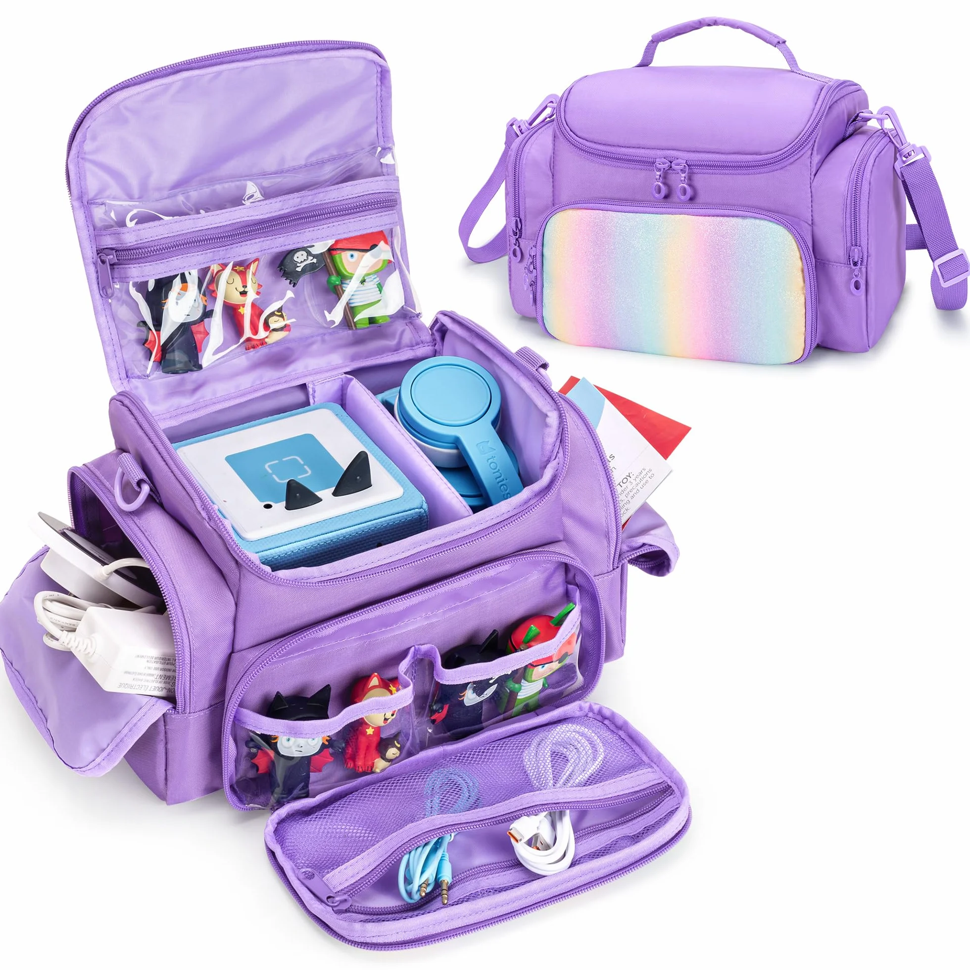 LoDrid Étui de Voyage Compatible avec Toniebox 2/1, étui de Transport pour Lecteur Audio avec bandoulière et poignée, Sac de Rangement avec Plusieurs Poches pour Accessoires, Violet, Sac Uniquement