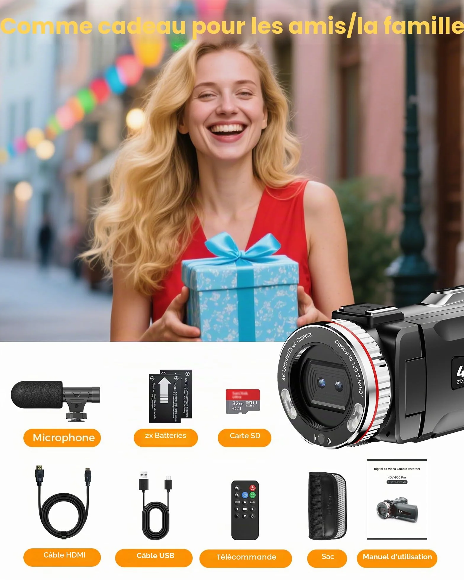 Caméscope 4K 48X Zoom Numérique 21X Vlogging Caméra avec Carte 32 Go, Microphone, Télécommande