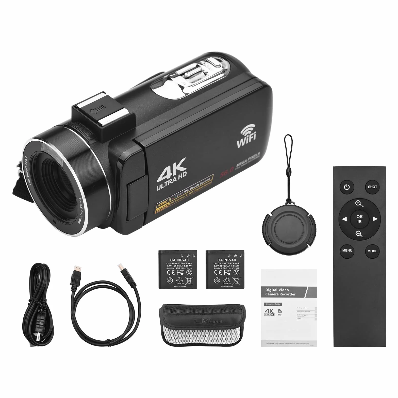 Caméra vidéo numérique 4K Caméscope WiFi Enregistreur DV 56MP Zoom numérique 18X Écran Tactile IPS 3,0 Pouces avec 2 Piles + télécommande + Sac de Transport