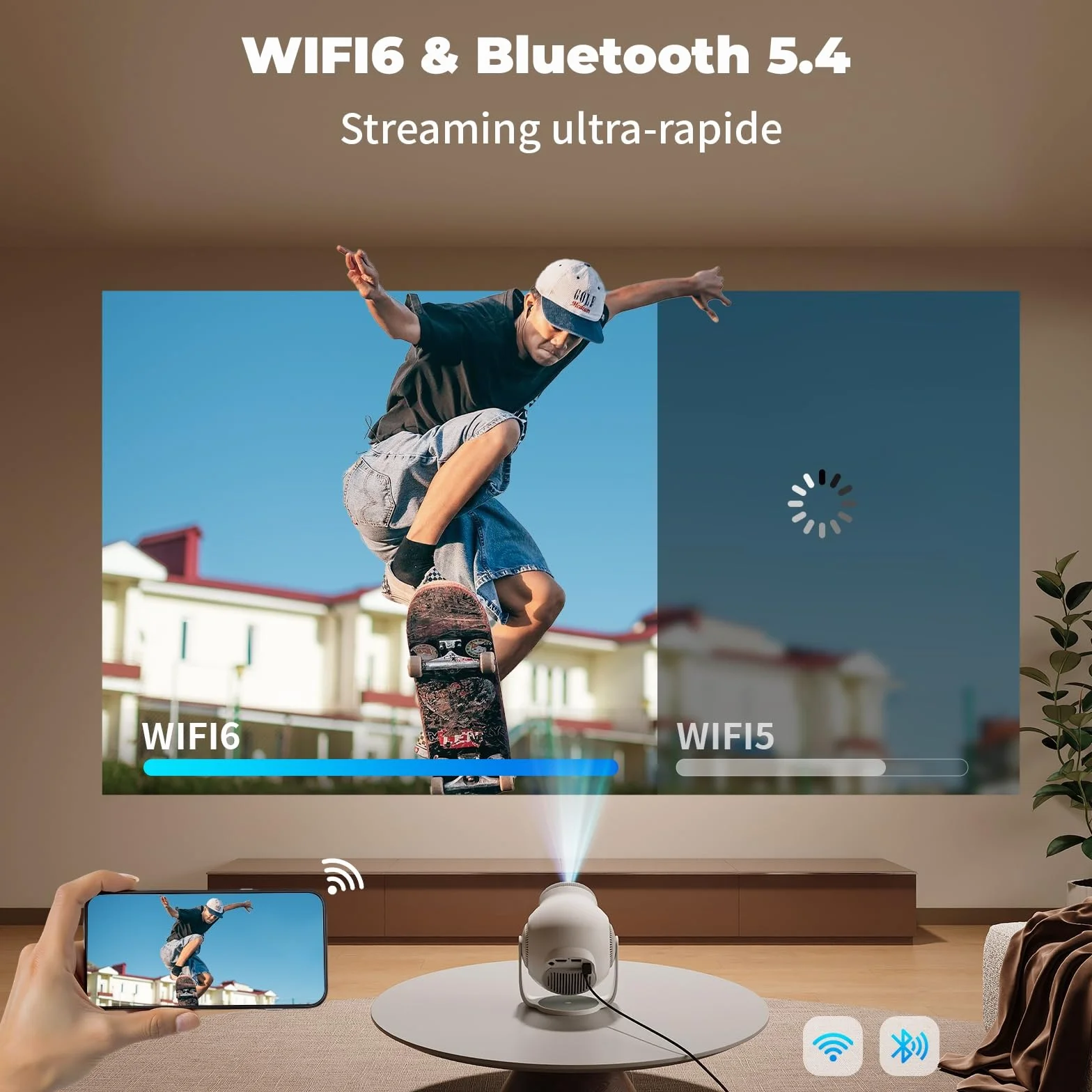 [App intégrée] Mini Projecteur Portable WiFi 6 et Bluetooth 5.4, 480 ANSI Lumens, Vidéoprojecteur 1080P et Décodage 4K, Projecteur Vidéo pour Chambre, Cinéma à Domicile et Extérieur