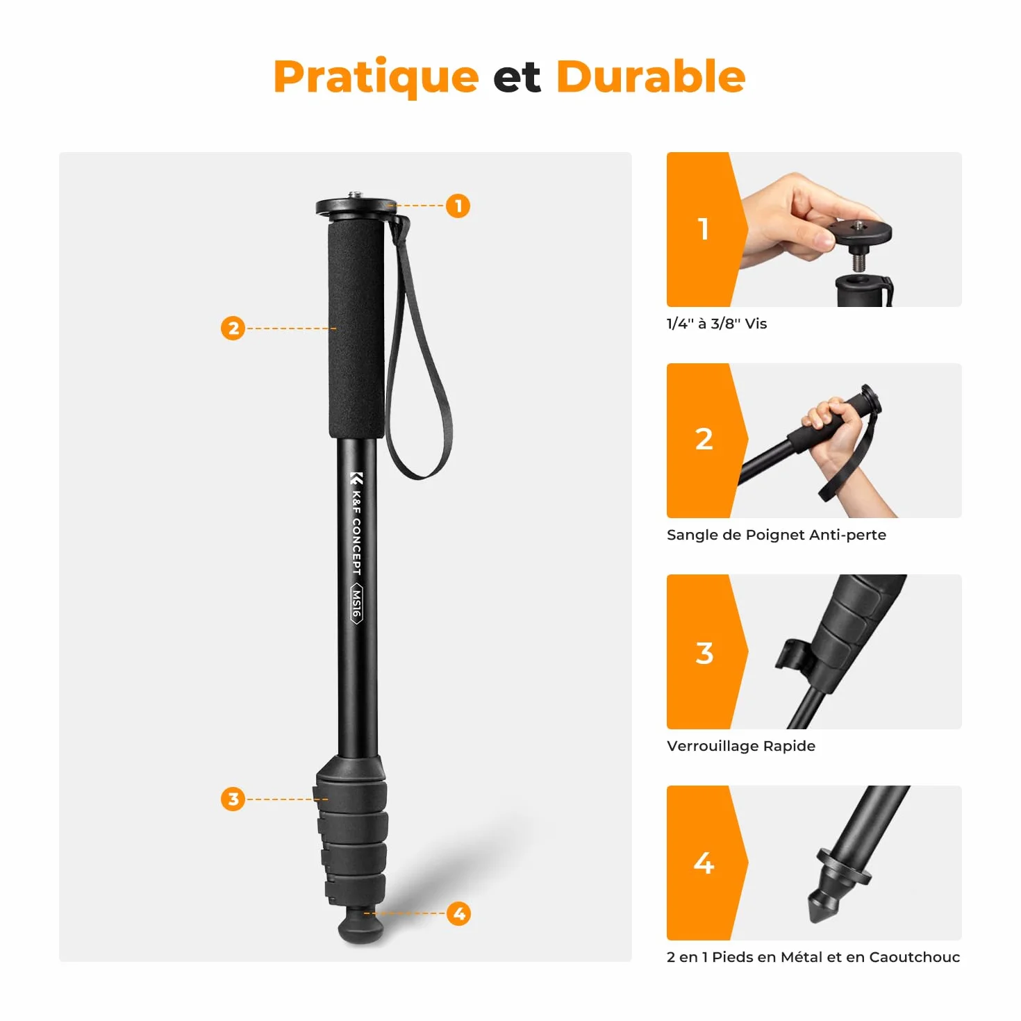 K&F Concept Monopode 160cm, Trépied de Voyage Multifonctionnel Amovible pour Gopro DSLR avec Cordon Anti-Perte, Extensible Appareil Photo, Charge Max 5kg, Poids 0,33kg - MS16