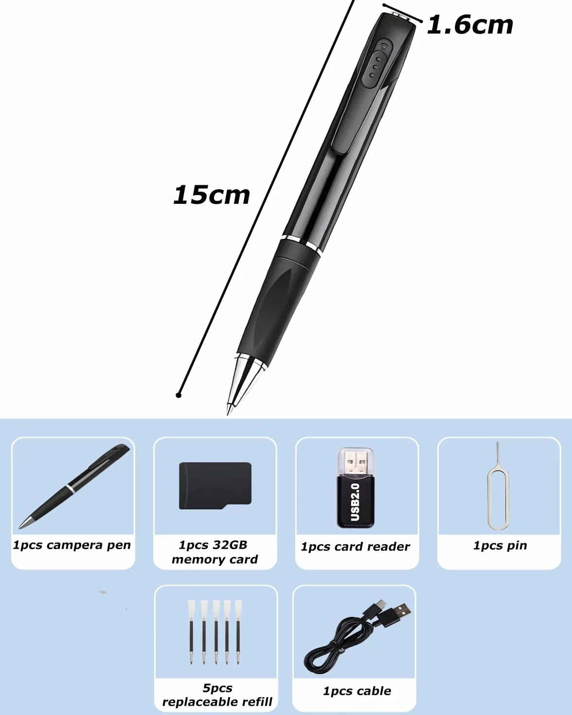 Mini Camera Espion, 1080p HD Caméra Cachée Stylo Mini Caméra de Poche Surveillance Spy Camera avec Enregistrement Vidéo Prise de Photo et 90 Mins d'Autonomie