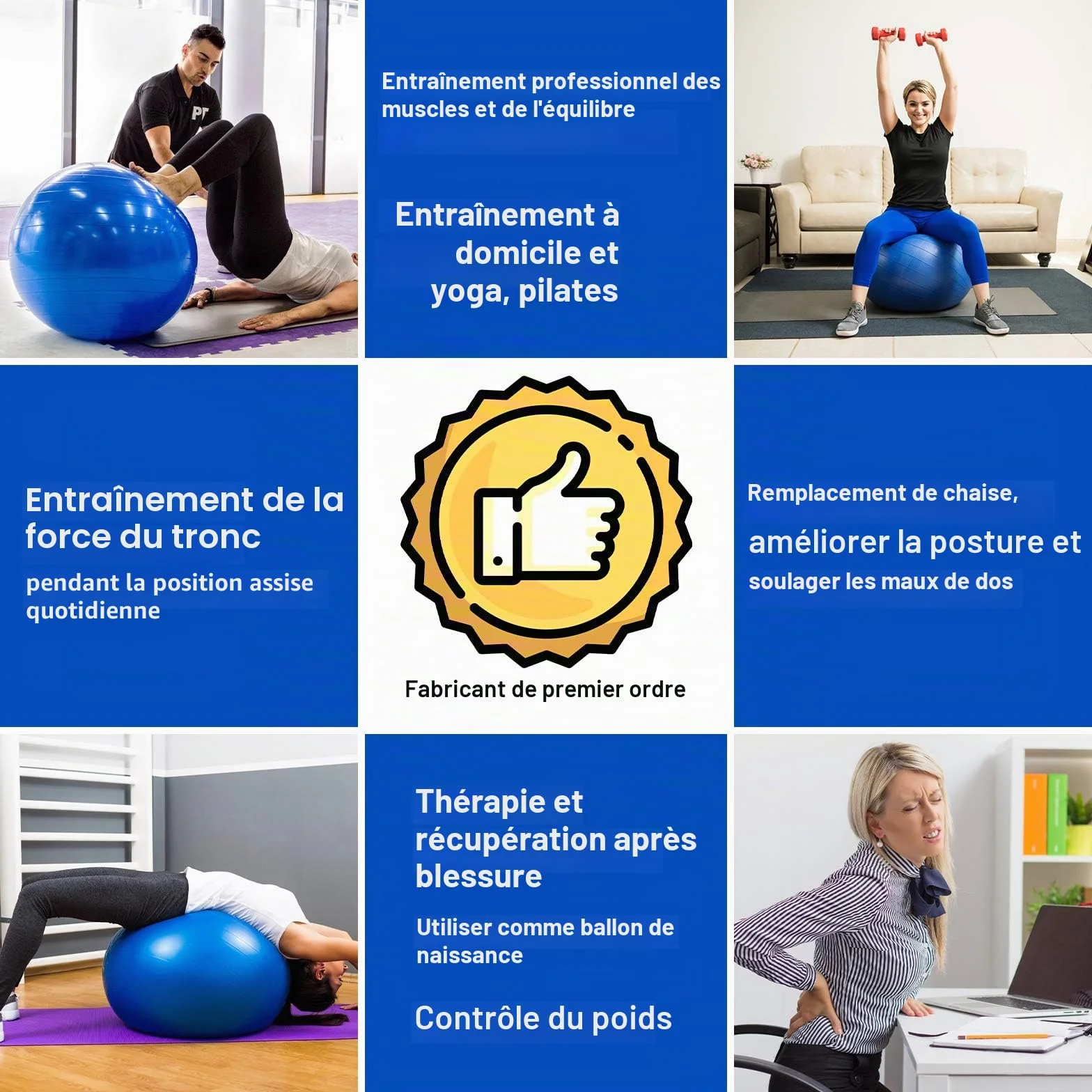Flintronic Ballon Fitness Anti-Explosif Ultra-Épais avec Pompe Pied, Balle de Yoga 65/55cm