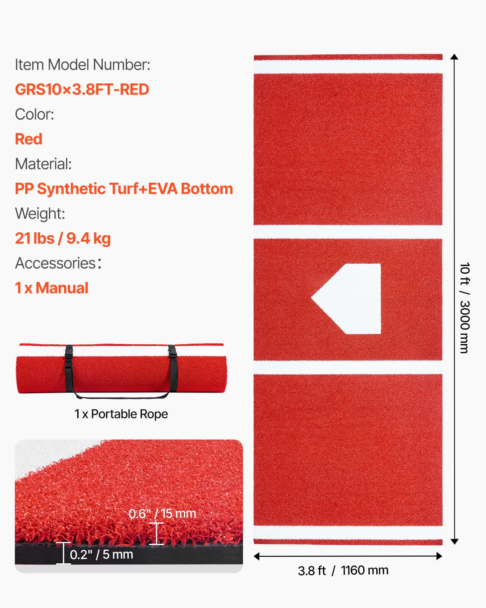 VEVOR Tapis de Frappe Baseball 300x116 cm Gazon Synthétique Anti-décoloration Entraînement Softball Rouge