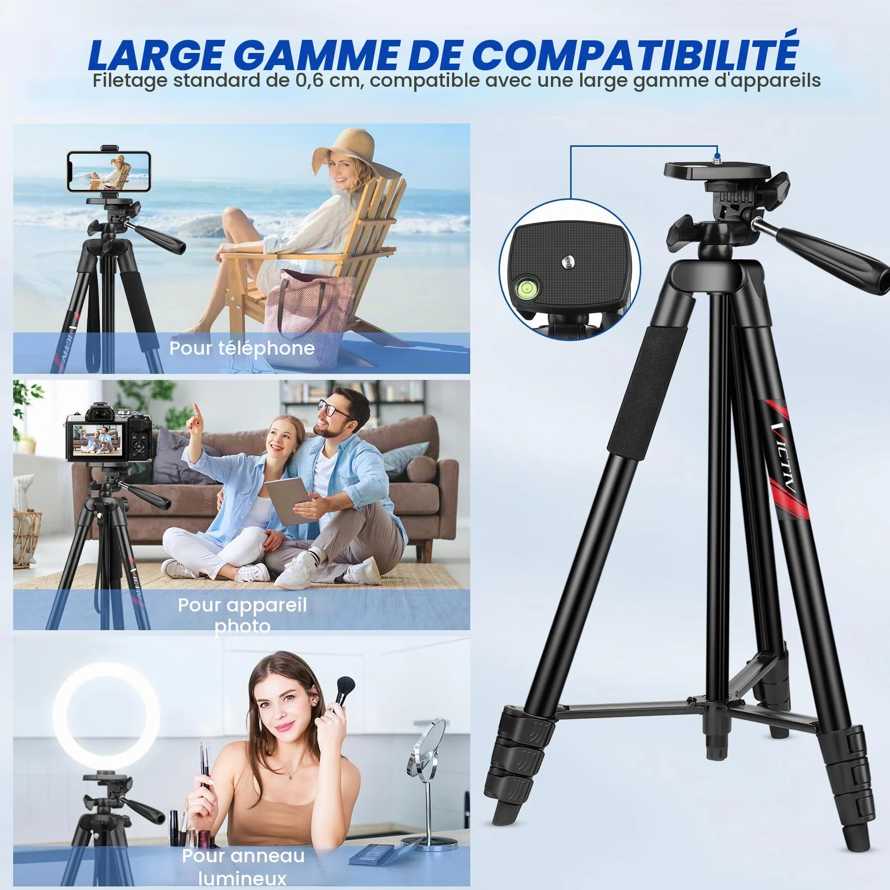 Victiv 162cm Nouveau Trepied Smartphone, Trépied Téléphone en Aluminium pour iPhone, Samsung, Huawei, avec Télécommande & Support, Portable Trépied Appareil Photo pour DSLR Caméra, Canon, Nikon, Sony