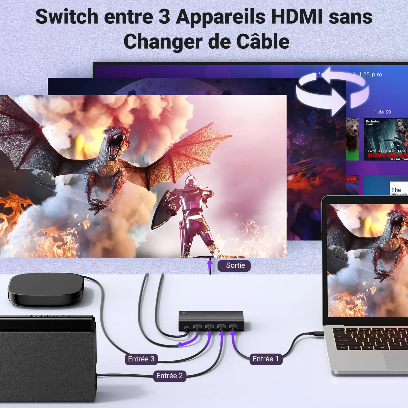UGREEN Switch HDMI 4K 60Hz 3 Entrées à 1 Sortie Commutateur HDMI 1080P 3D HDR10 Dolby Atmos avec Télécommande IR Compatible avec PS5 PS4 Xbox TV Stick Box Chromecast Lecteur Blu Ray DVD Projecteur