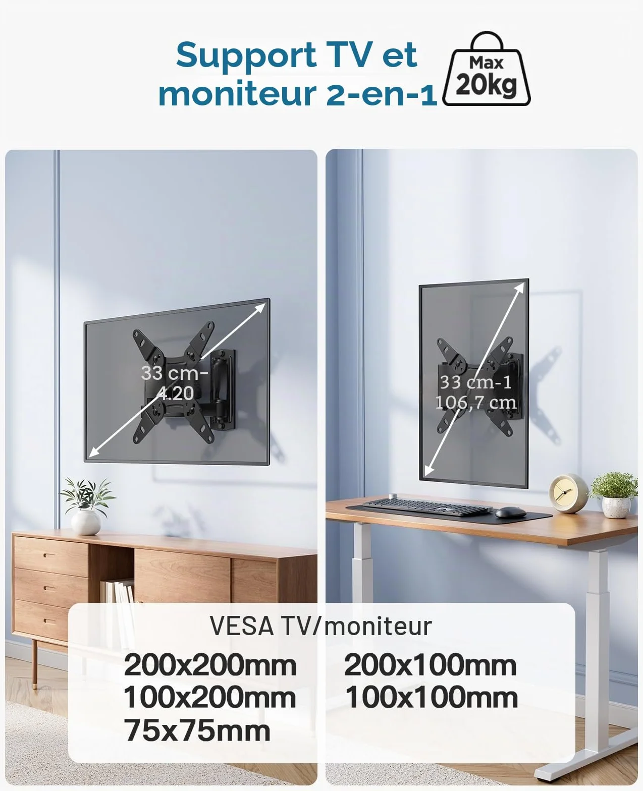 PERLESMITH Support Mural TV 13-42 Pouces 20KG Orientable Inclinable Rotation 360° Bras Accroche TV VESA 200x200mm