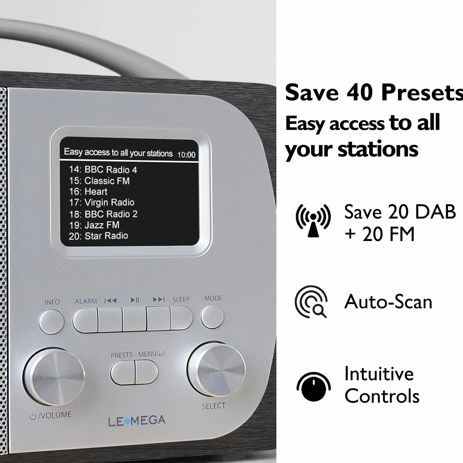 LEMEGA DR5 Radio Numérique DAB/DAB+ Bluetooth Réveil FM Secteur Piles Compacte Bois Métal Brossé