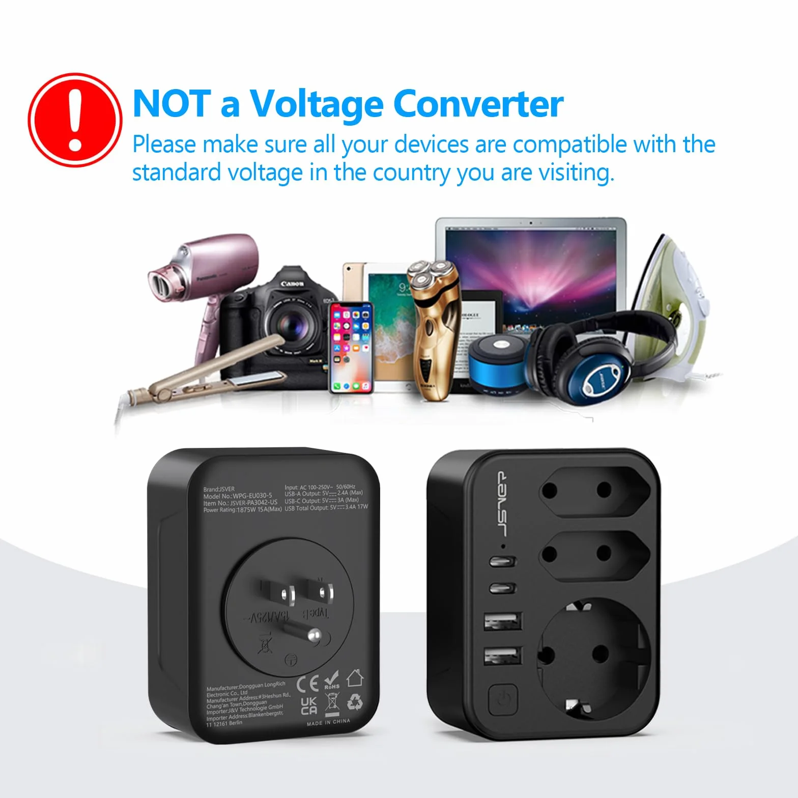 JSVER Adaptateur de Voyage 7 en 1 France vers États-Unis Canada 4 Ports USB 2A+2C Prises Type B Noir