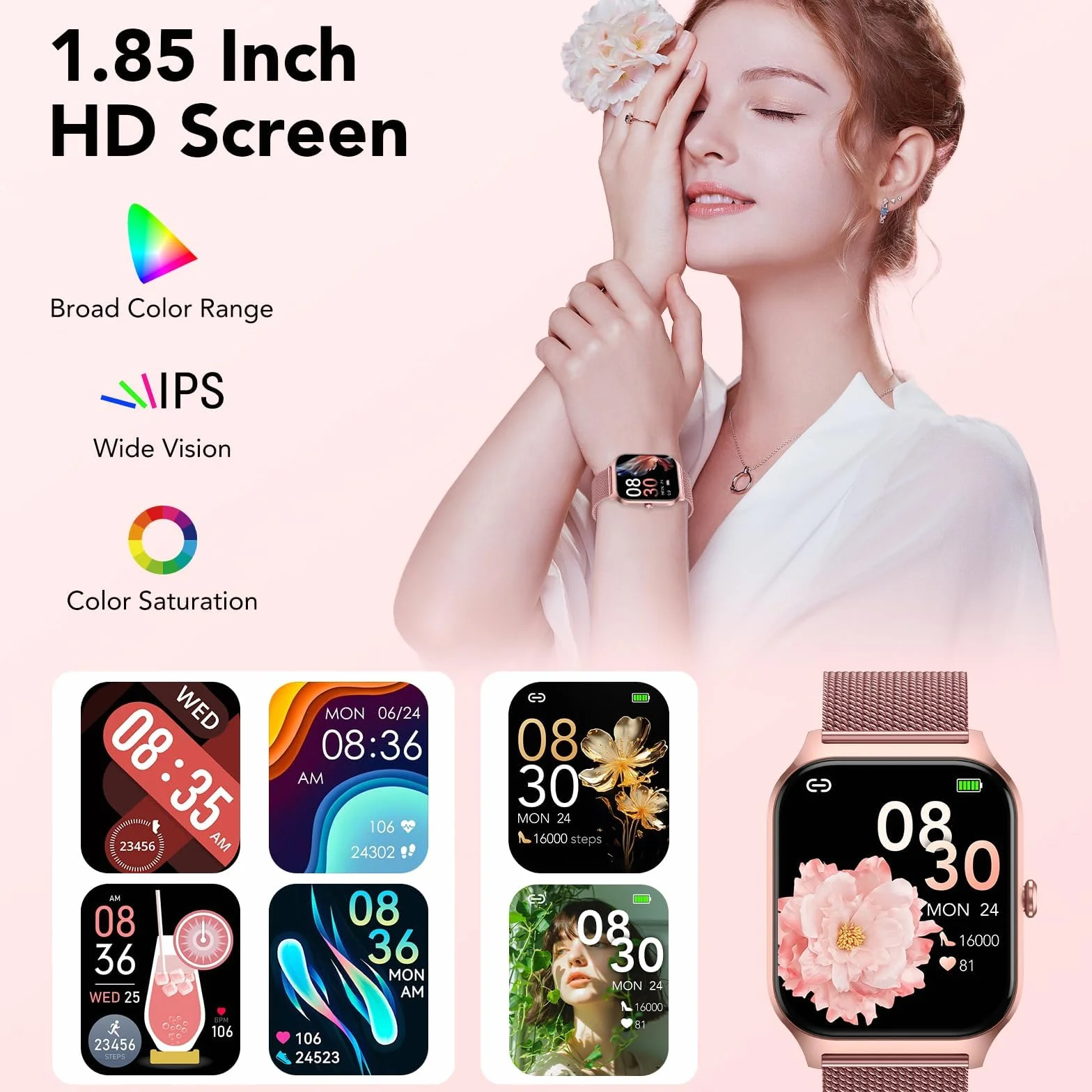 CASCHO Montre Connectée Femme avec Appel Bluetooth, 1.85"HD Smartwatch Femme avec Fréquence Cardiaque/Sommeil/SpO2, IP68 Étanche Fitness Tracker avec 120+ Modes Sportifs, pour Android iOS - Doré rose