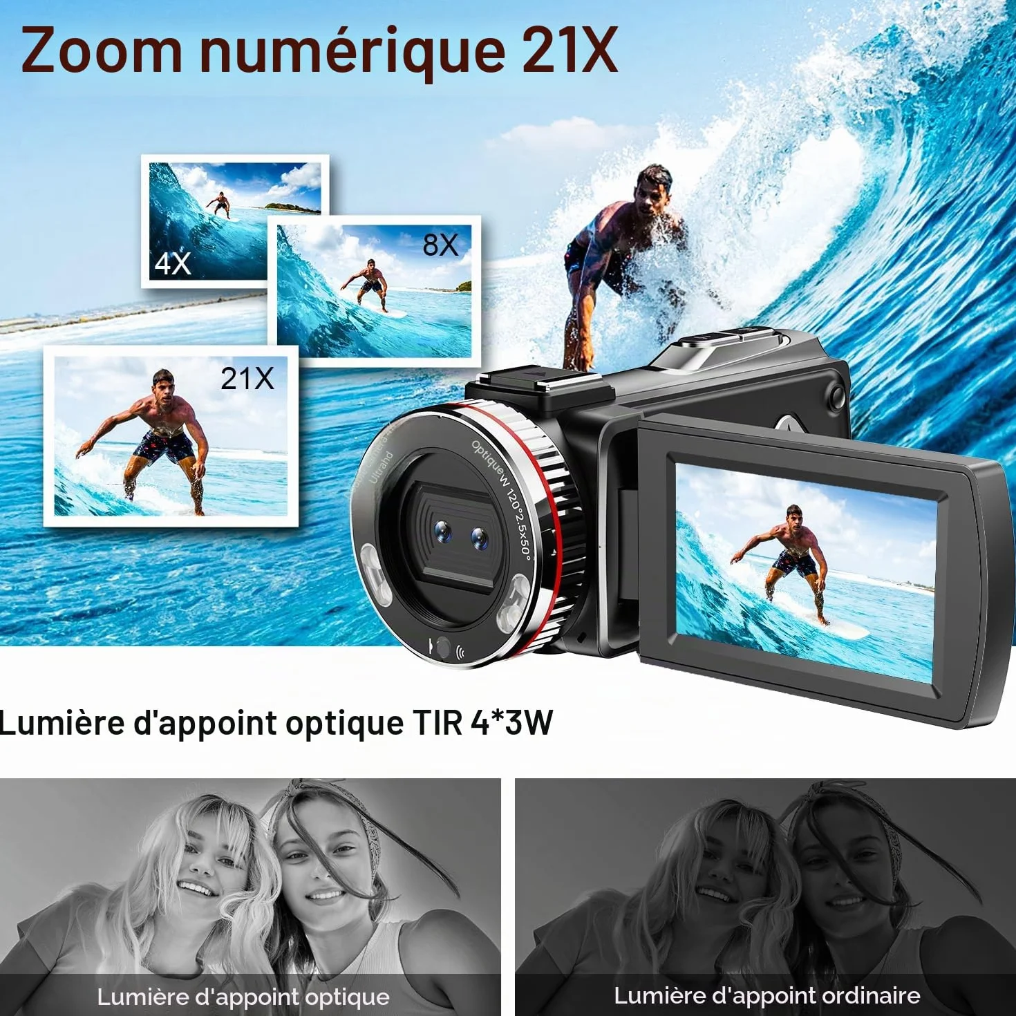 Caméra Vidéo 4K 64MP Caméscope Vlogging avec Écran Rotatif 270°, Carte 64 Go, Microphone, Stabilisateur, Télécommande, 2 Piles