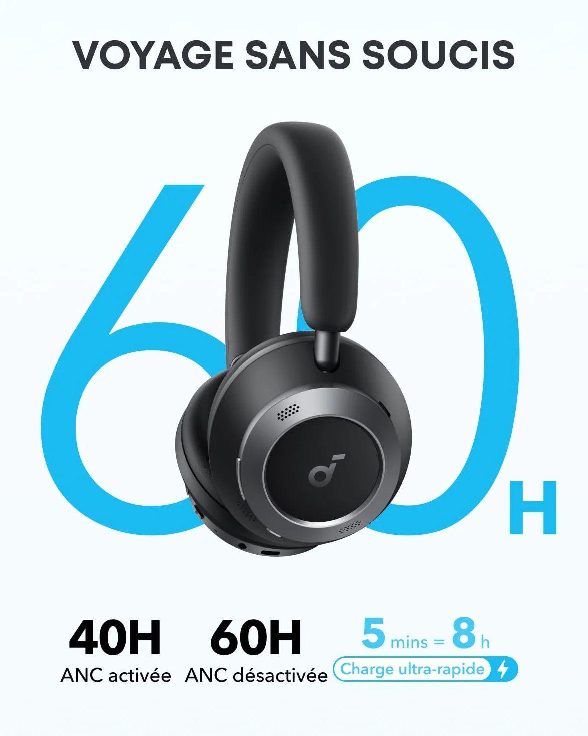 Soundcore Space One Pro d'Anker, Casque Bluetooth sans Fil avec Réduction de Bruit Adaptatif et 6 micros, Design Super Pliable, Autonomie 60h, Chargement Ultra-Rapide, H-Res Wireless Audio avec LDAC