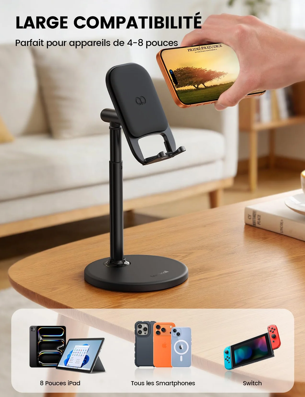 Lamicall Support Téléphone Bureau Réglable, Porte Téléphone avec Base Métallique Stable pour iPhone Android Smartphone Tablette