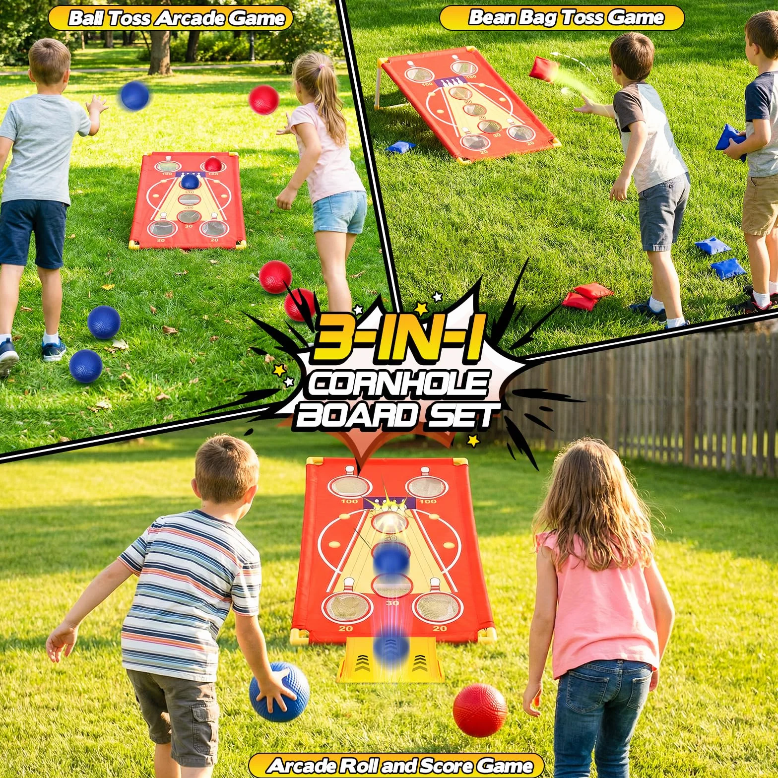 Jeu de Lancer 3 en 1 Cornhole, Lancer de Sacs & Balles, Arcade Roll and Score, Jeu d'Extérieur