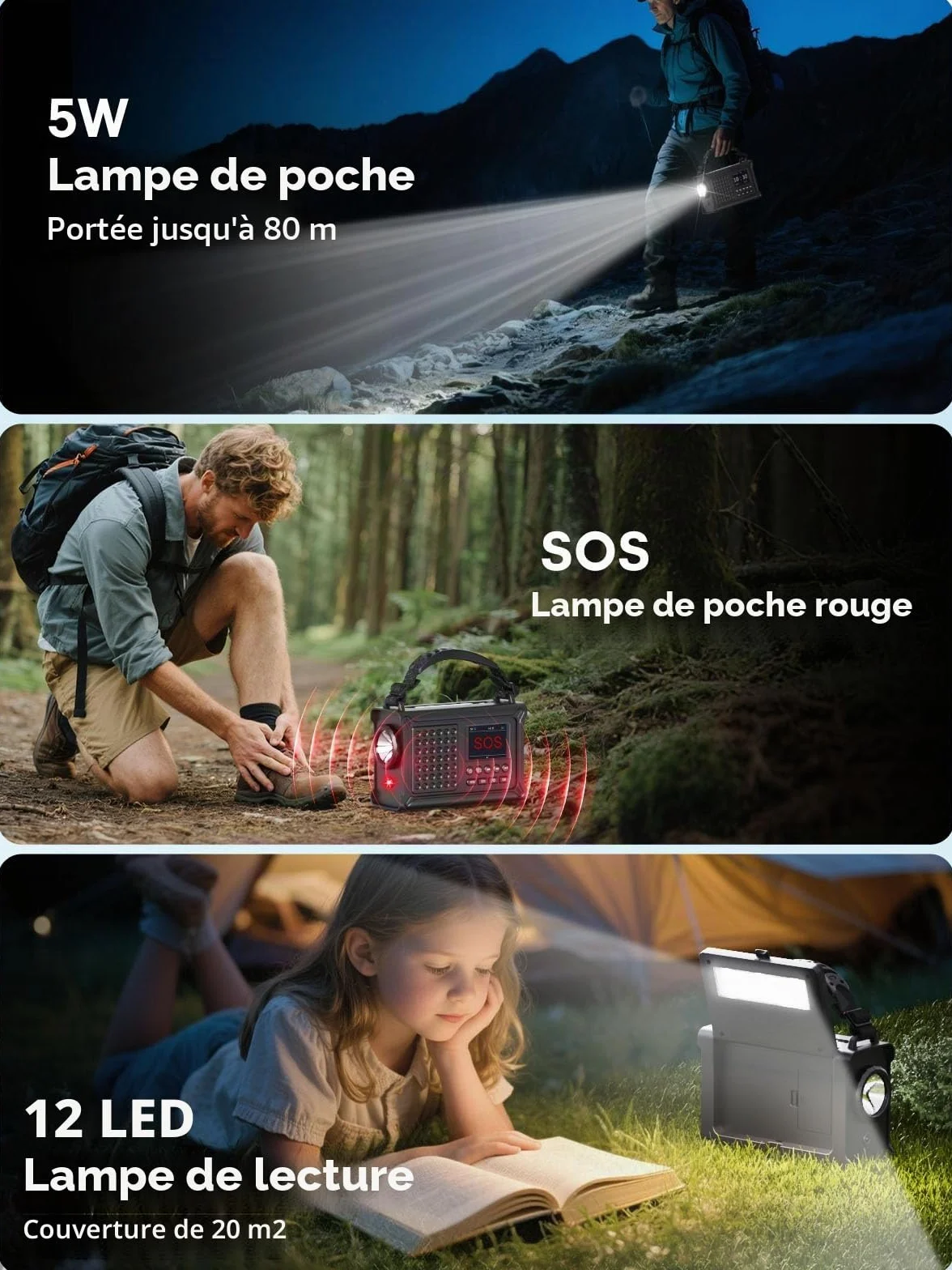 ROCAM Radio d'urgence Dab+/FM avec Bluetooth, Radio Numérique Portable 12000mAh avec Panneau Solaire 8500mm² & Manivelle 650mA, Écran Couleur 2,4", 80 Stations, SOS, Lampe LED, USB, IPX6 pour Camping