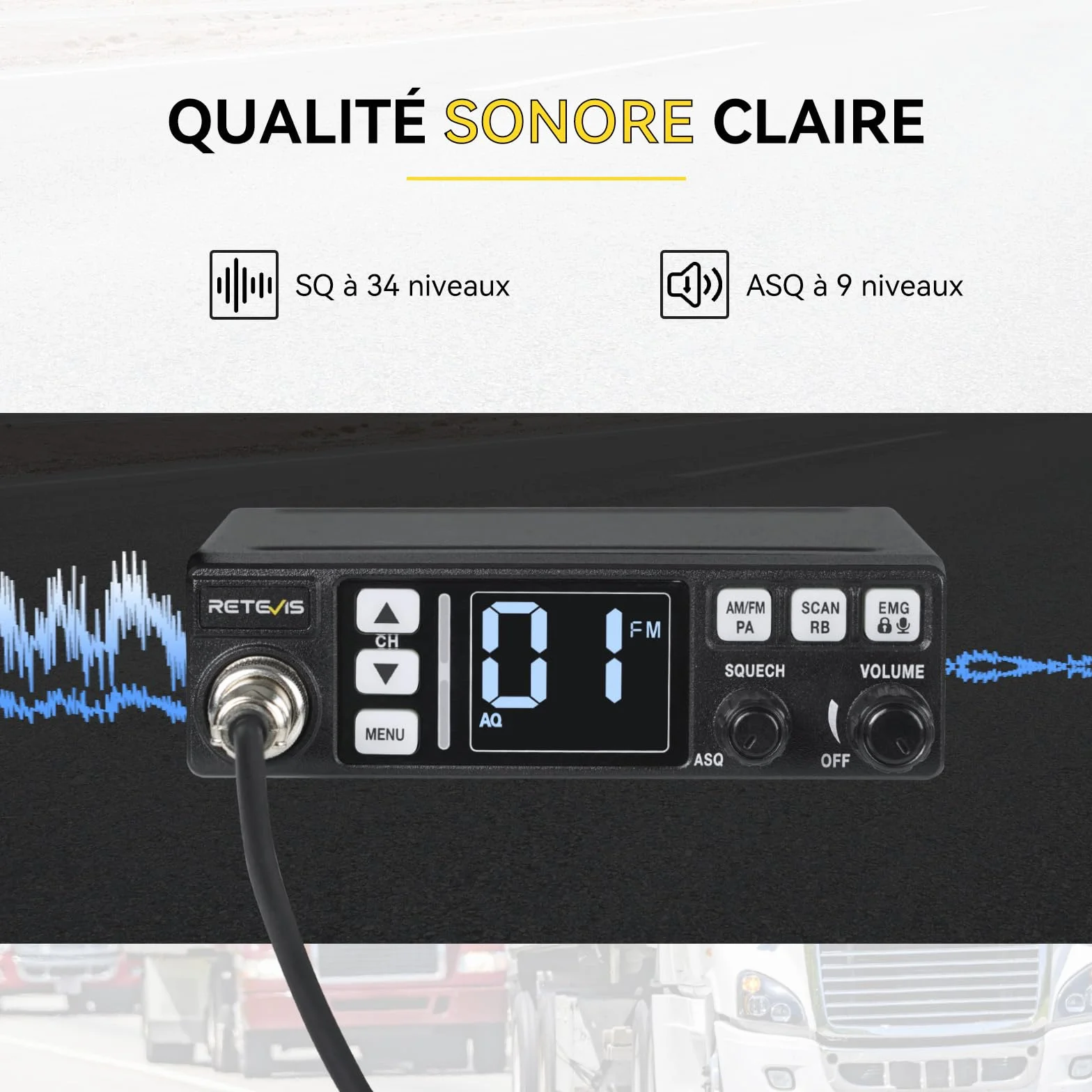 Retevis MB63 Radio CB Mobile Kit Complet avec Antenne AM/FM/PA Écran LCD VOX SQ/ASQ EMG CH9/19 Noir