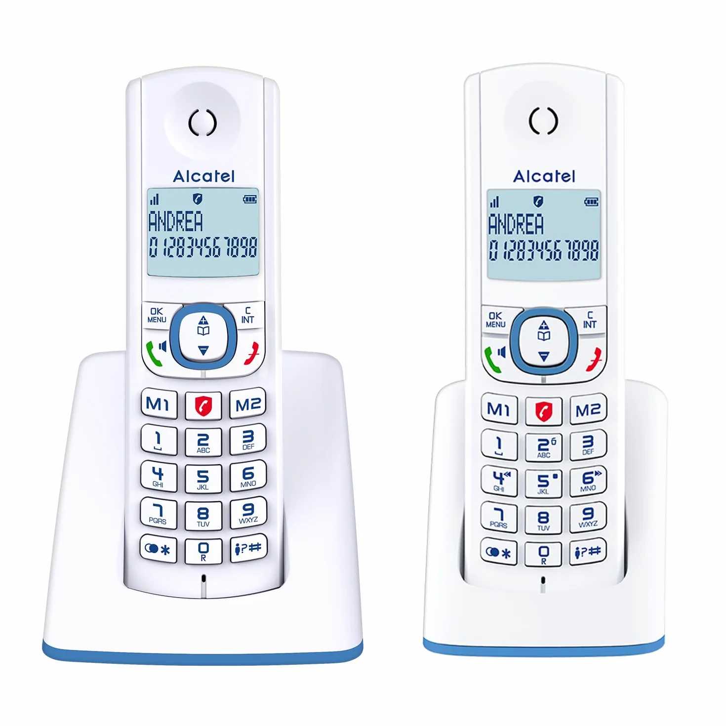 ALCATEL F530 Duo Téléphone Fixe Sans Fil DECT Grand Écran Rétroéclairé Mains Libres 2 Combinés Blanc/Bleu