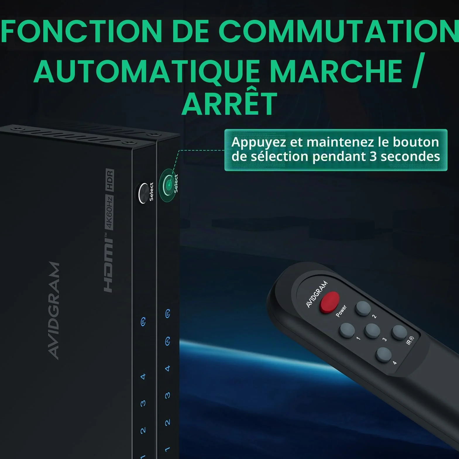 AVIDGRAM HDMI Switch 4K 60Hz HDMI 2.0 4 in 1 Out Selector Box with IR Remote HDCP 2.2 HDR10 3D 18Gbps