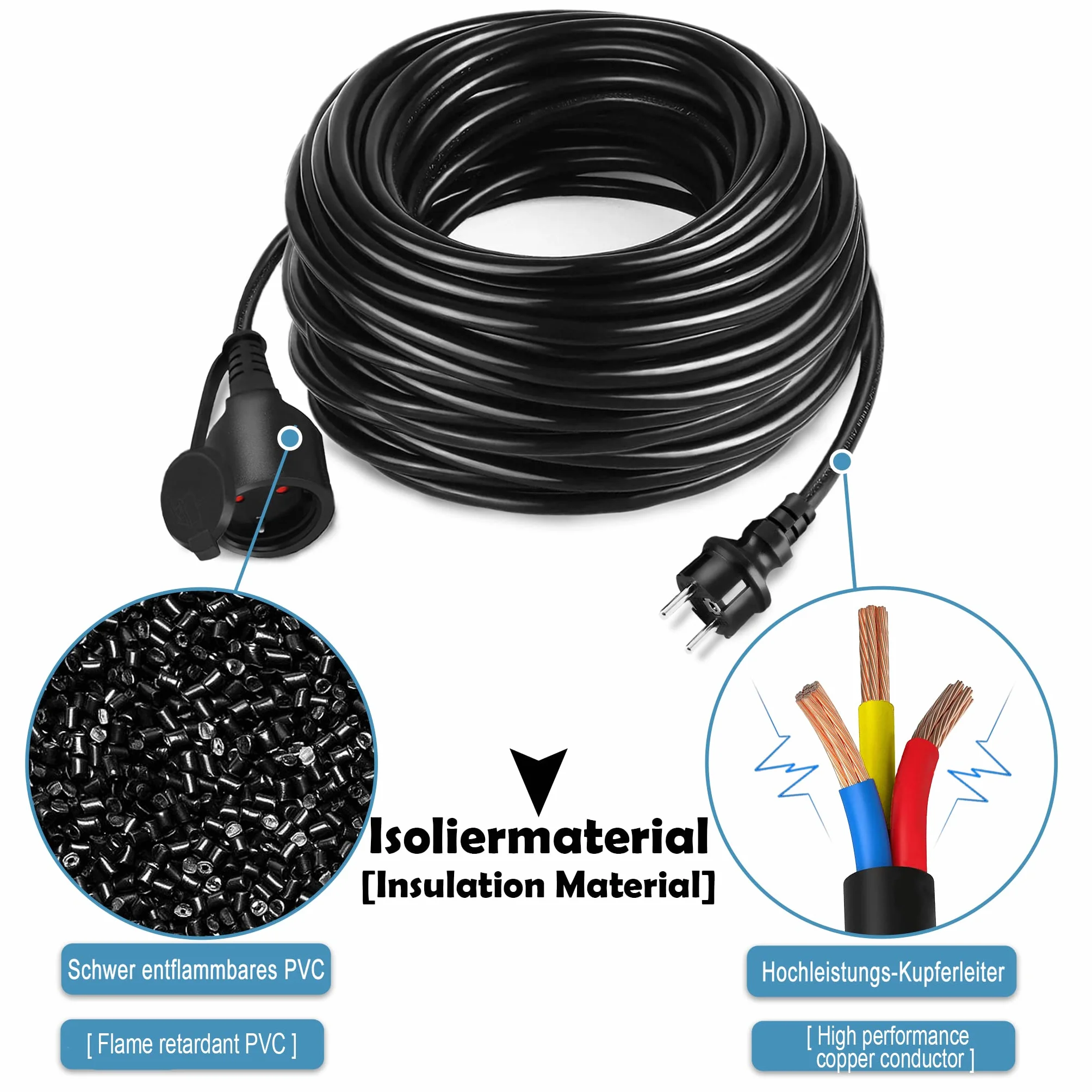 LZQ Rallonge électrique avec capuchon de protection - 30 m - 230 V - IP44 - Pour l'extérieur - Noir