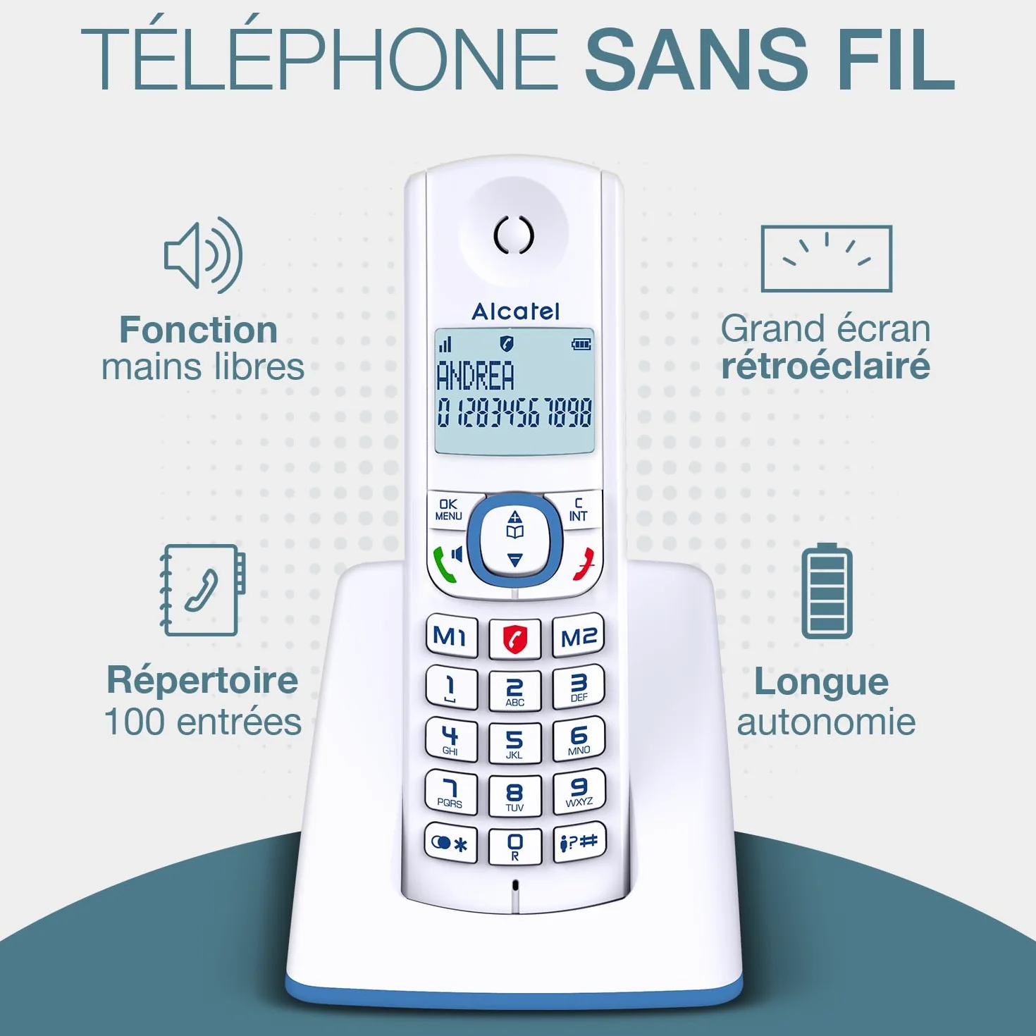 ALCATEL F530 Duo Téléphone Fixe Sans Fil DECT Grand Écran Rétroéclairé Mains Libres 2 Combinés Blanc/Bleu