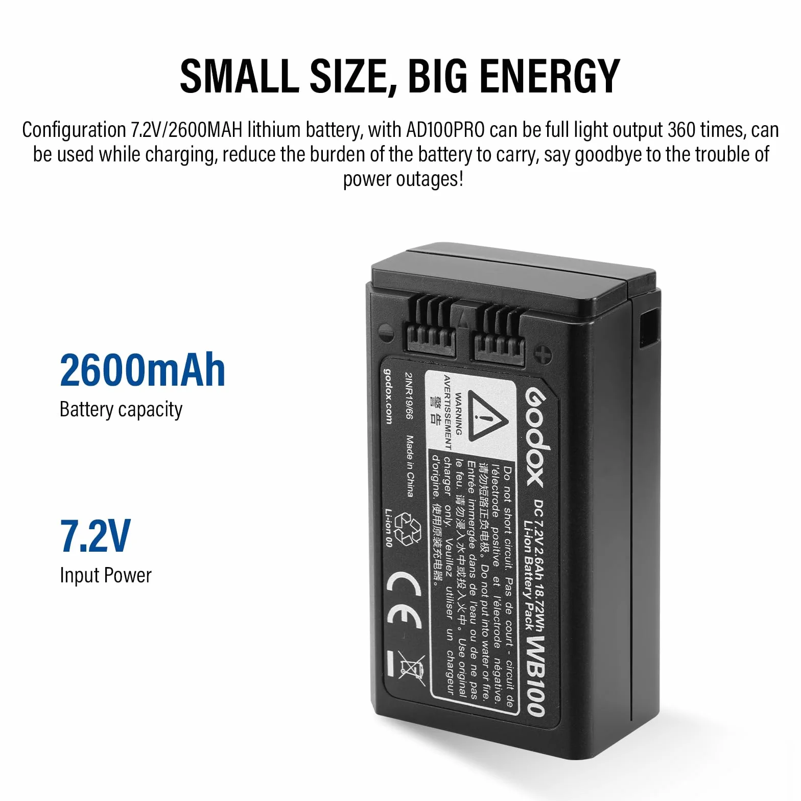 Godox WB100 Batterie AD100PRO Battery WB100 7,2 V/2600 mAh pour Flash Annulaire Godox V1C V1N V1S V1F V1O V1P,Flash AD100PRO ((2024) WB100)