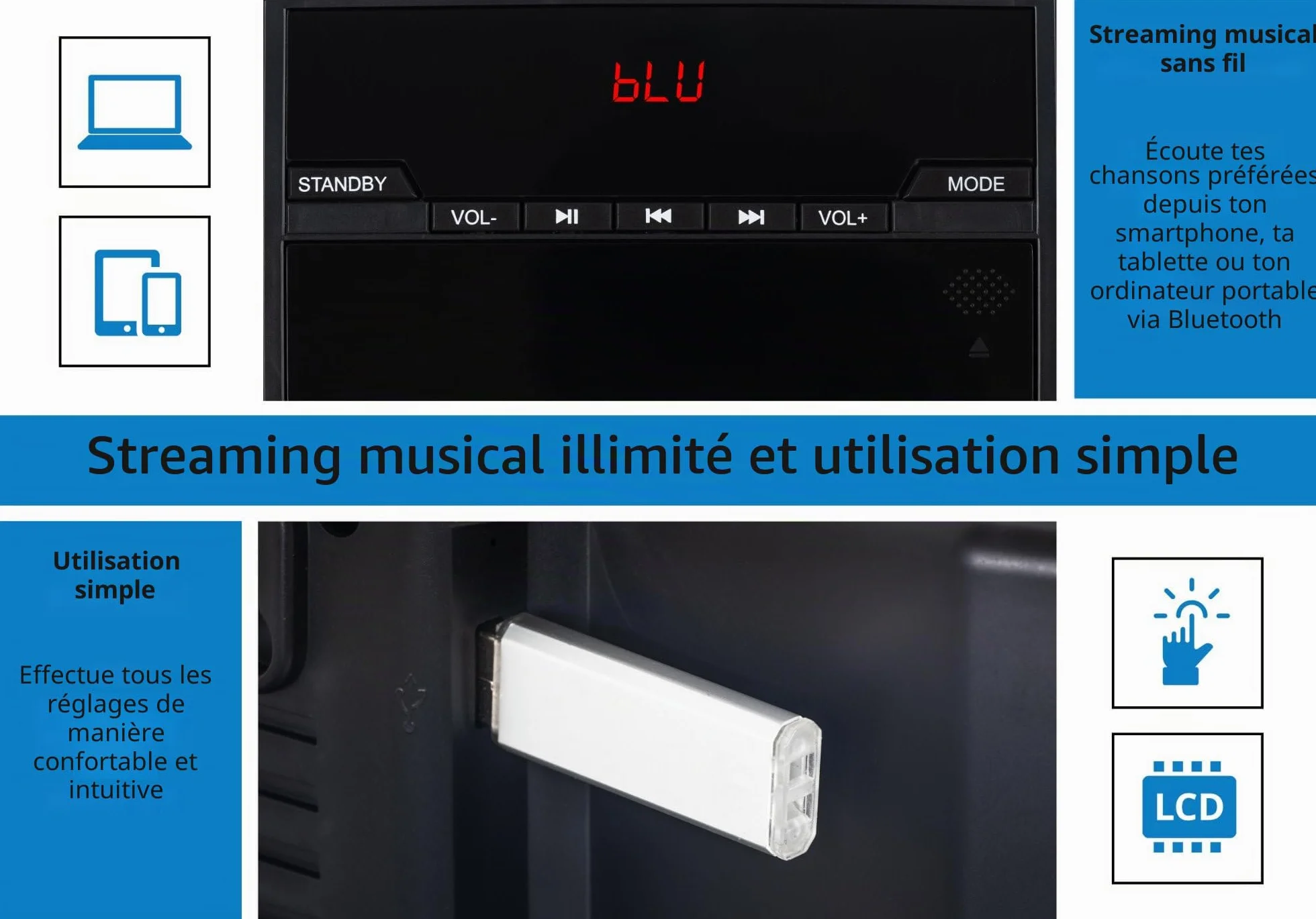 MCD-60 Système Stéréo Vertical (Lecteur CD/MP3, USB, Bluetooth, Entrée Aux, Montage sur Pied Ou Mural, Télécommande Incluse) Noir