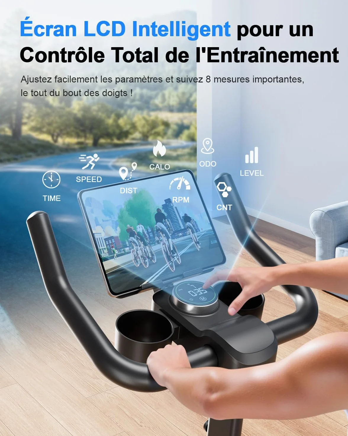 Vélo d'Appartement avec Écran LCD et Application, Résistance Magnétique Réglable, 136 kg