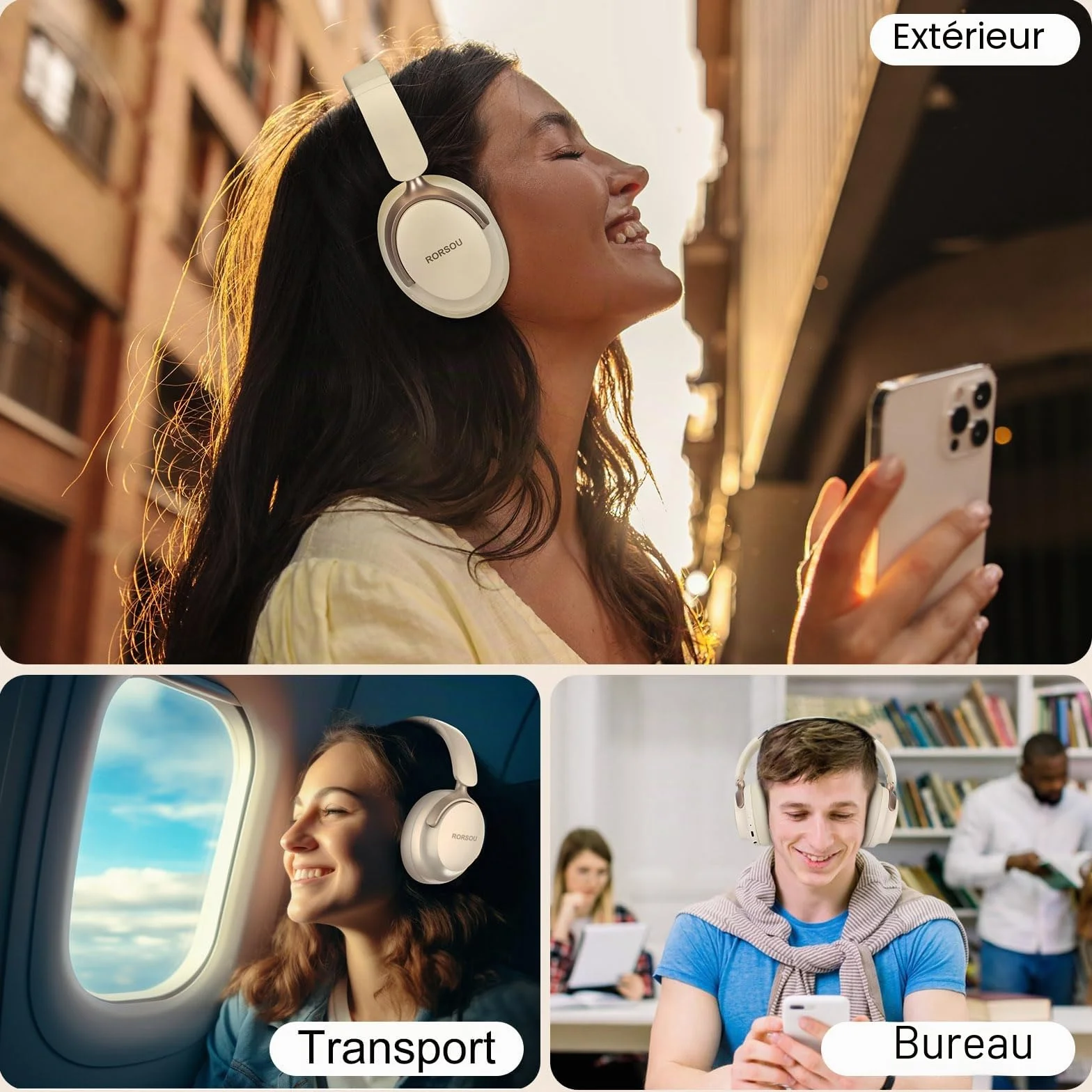 B8 Casque Bluetooth Supra-auriculaire, 6 Modes de Musique EQ et 50 Heures de Lecture, Basses Profondes, Casque sans Fil avec Micro, Casque stéréo HiFi léger et Pliable pour Beige Blanc
