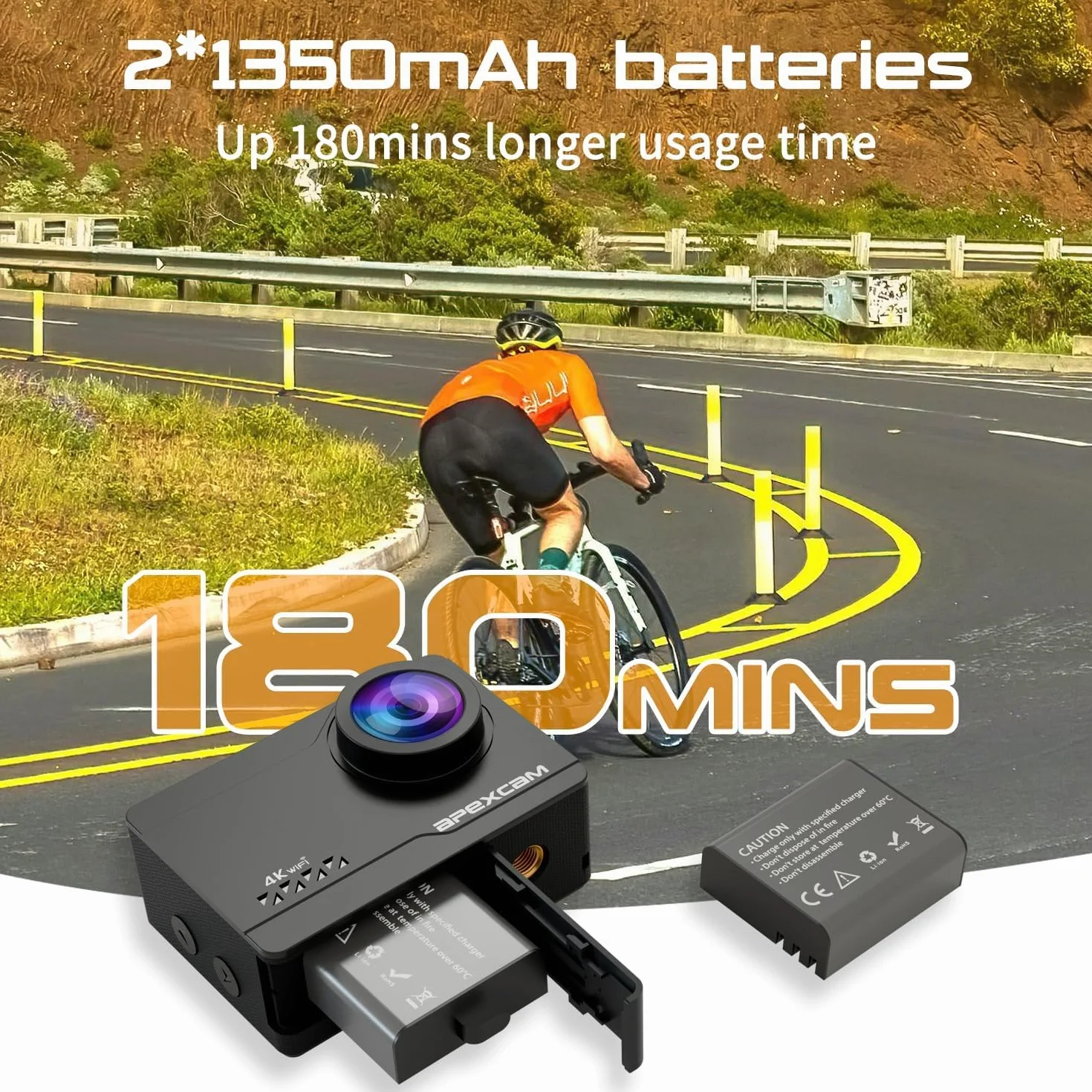 Apexcam Action Cam 4K 60FPS 64MP Écran Tactile Stabilisation EIS Étanche 40M WiFi Télécommande 2 Batteries 1350mAh