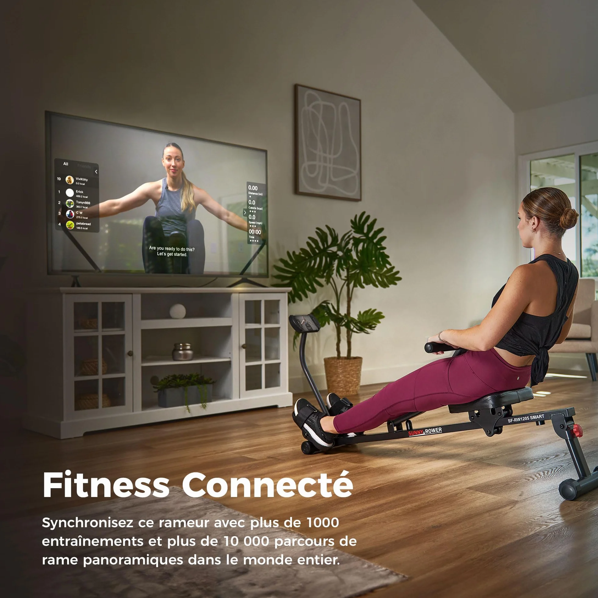 Sunny Health & Fitness Rameur de Fitness Compact 12 Niveaux de Résistance Réglable avec Connexion SunnyFit APP