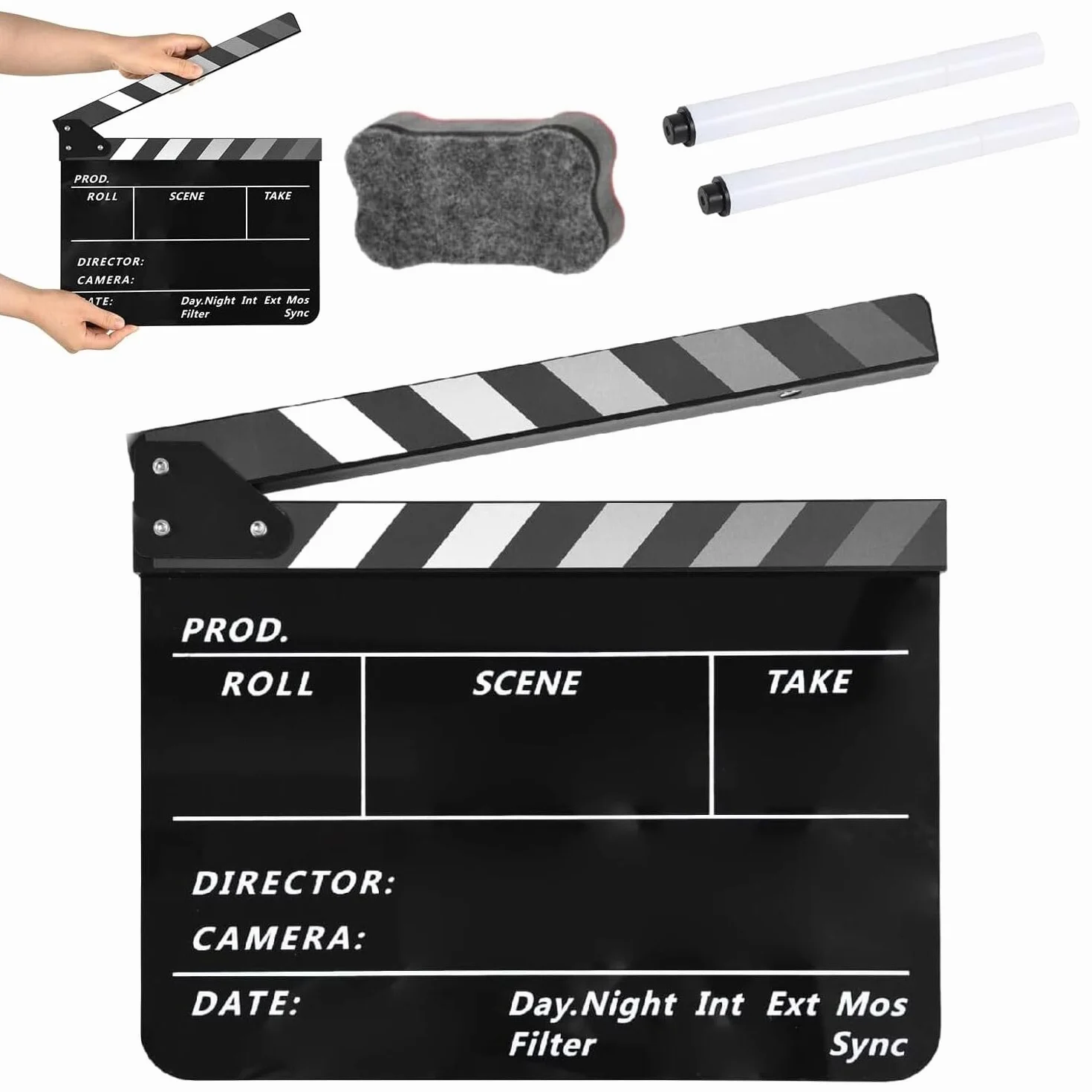 Clap de Cinéma 30 x 25cm,Acrylique Film Clapper,avec effaceur magnétique,2 stylos,Clap Cinéma pour Tournage Film,Tournage Vidéo