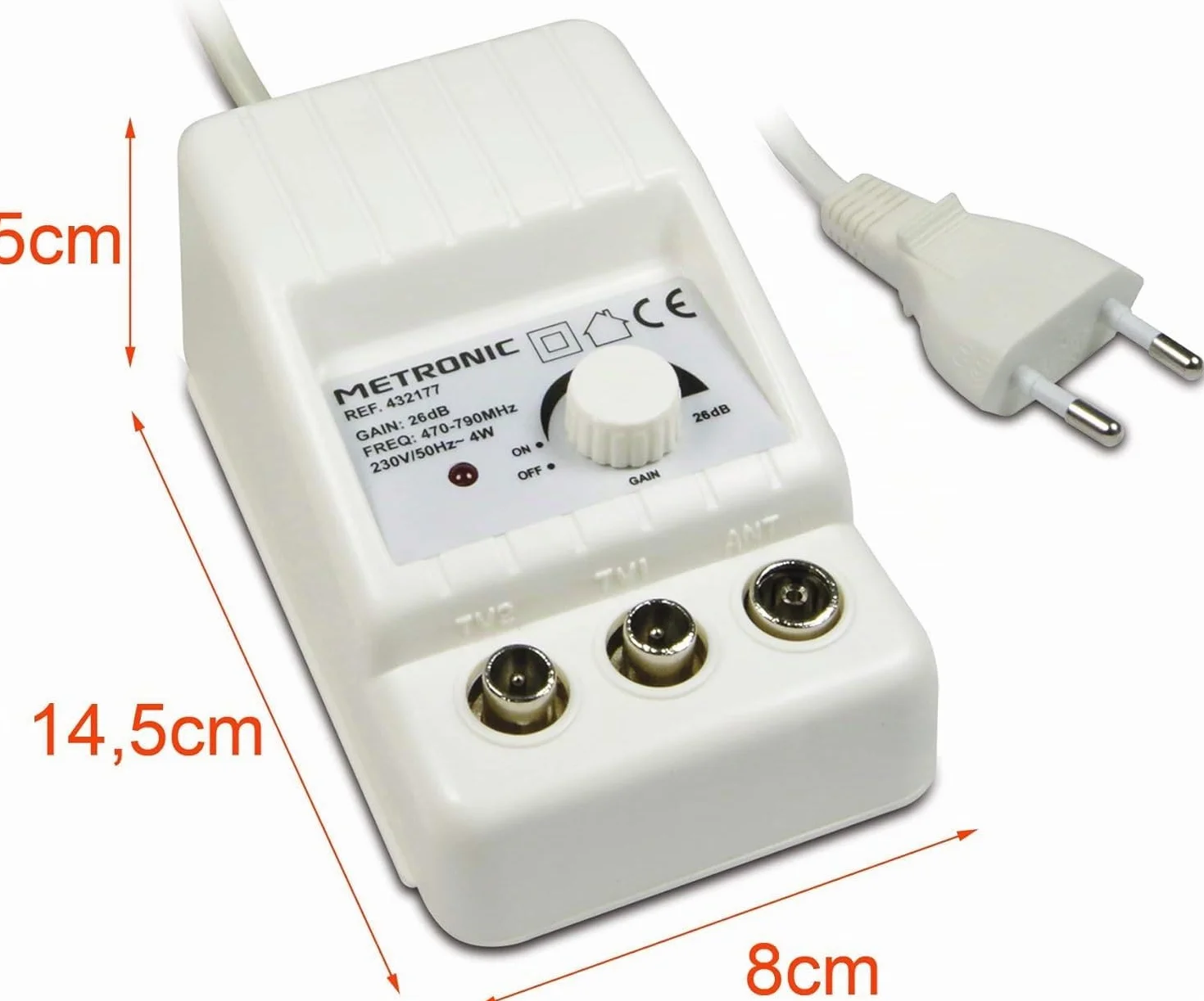 Metronic 332187 Amplificateur TV FM/VHF/UHF numérique terrestre avec Filtre 5G 2x24dB réglable, 1 entrée/2 Sorties, intérieur, 47/694MHz, Blanc