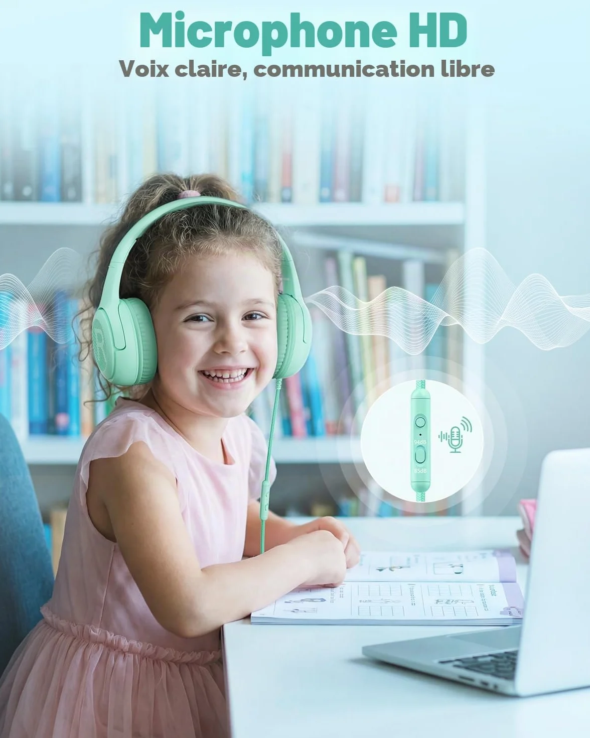 awatrue Casque Audio Enfant, Casque Enfant Filaire avec Volume Limité 85/94db, Fil 3.5 Mm, Pliable, Partager l’Audio, Micro Integré pour Ipad/Voyage/Tablette/Téléphone, Vert