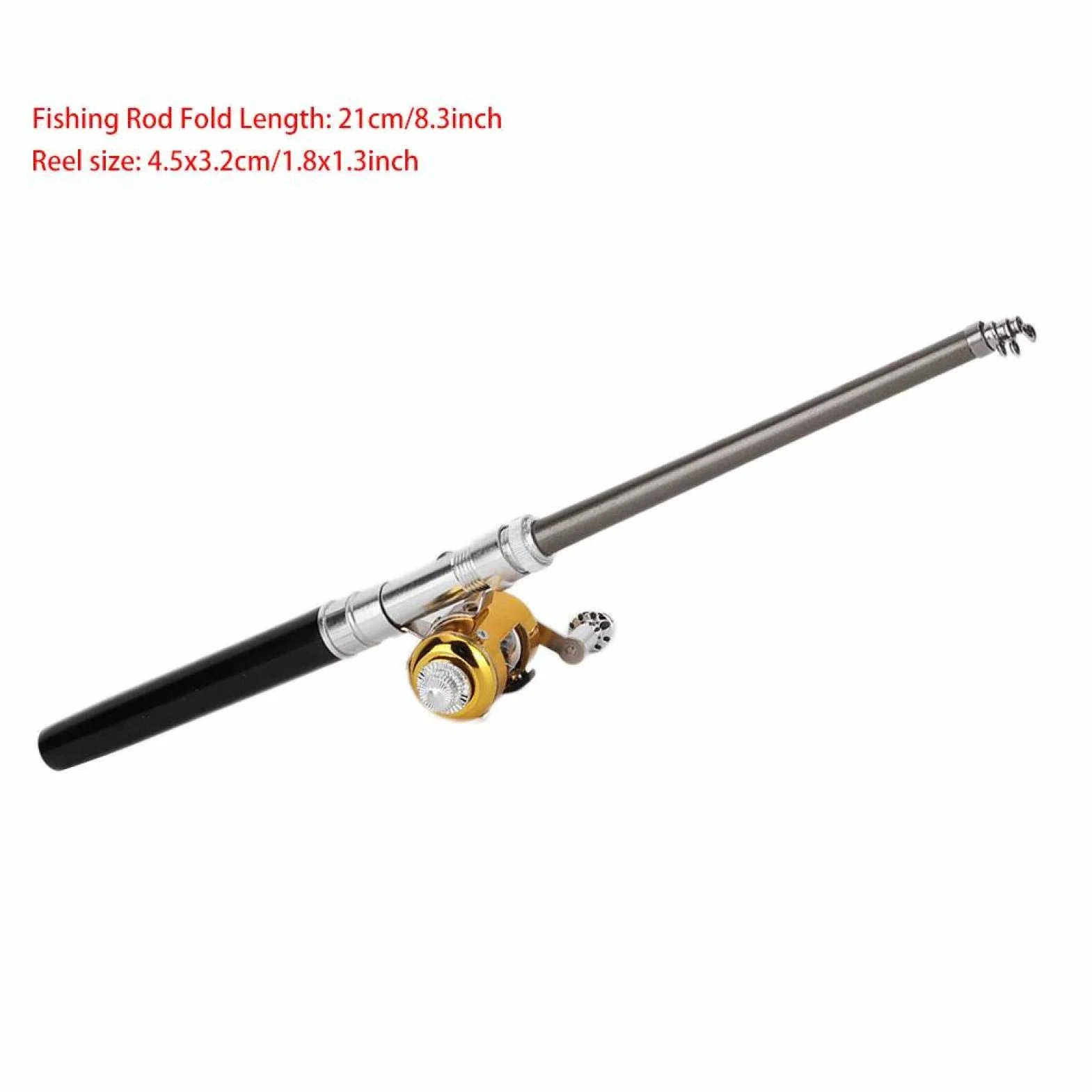 Canne à pêche Stylo Pliable Télescopique Portable + Moulinet Combo Set Alliage d'aluminium Noir