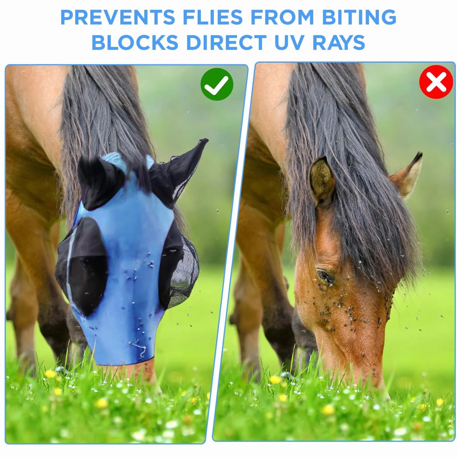 Masque Anti Mouche Cheval Protection UV élastique (Bleu)