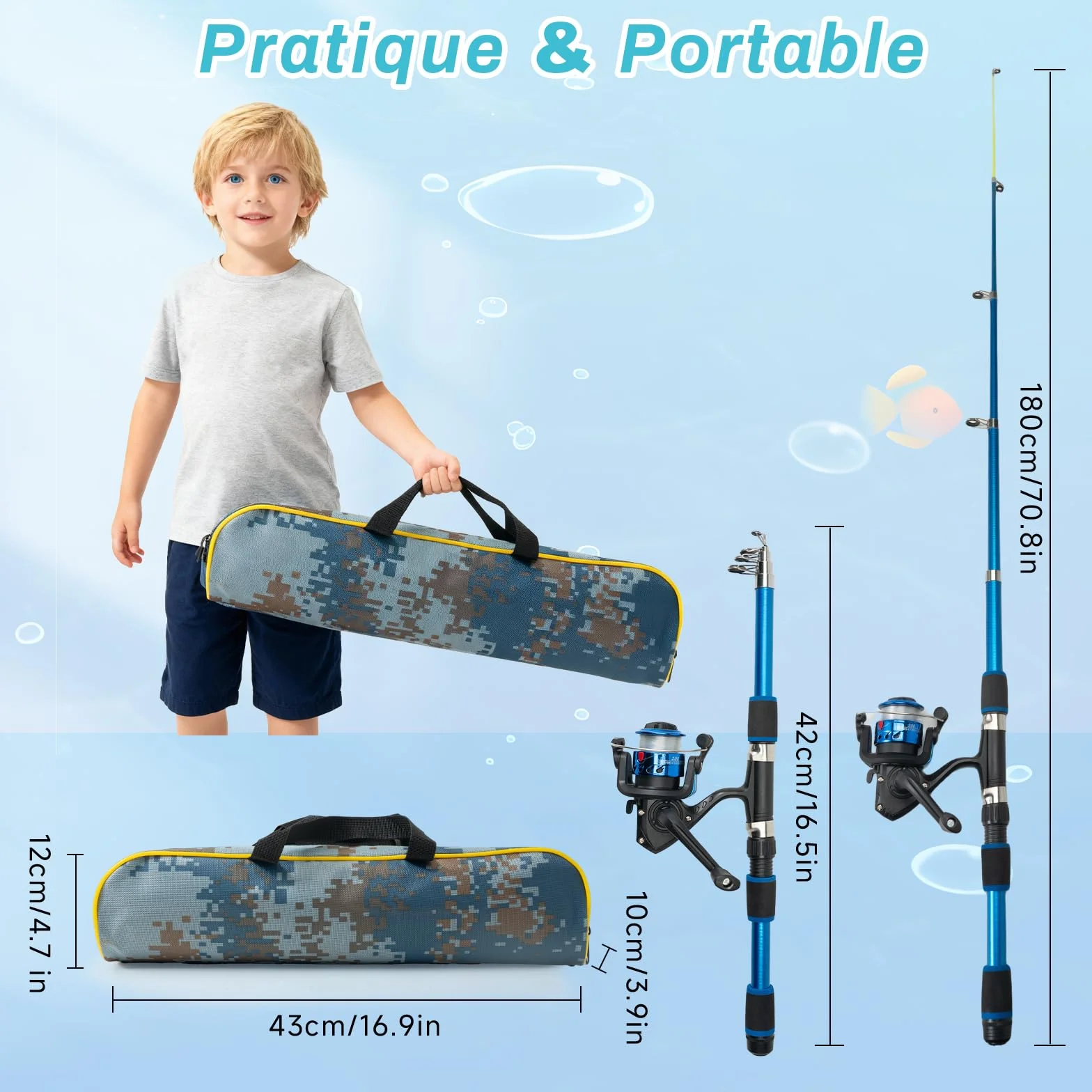 Cannes à Pêche Enfants Télescopiques 1,8m Kit Complet Débutants avec Moulinet 5,2:1 Leurres Sac de Transport Mer Lac
