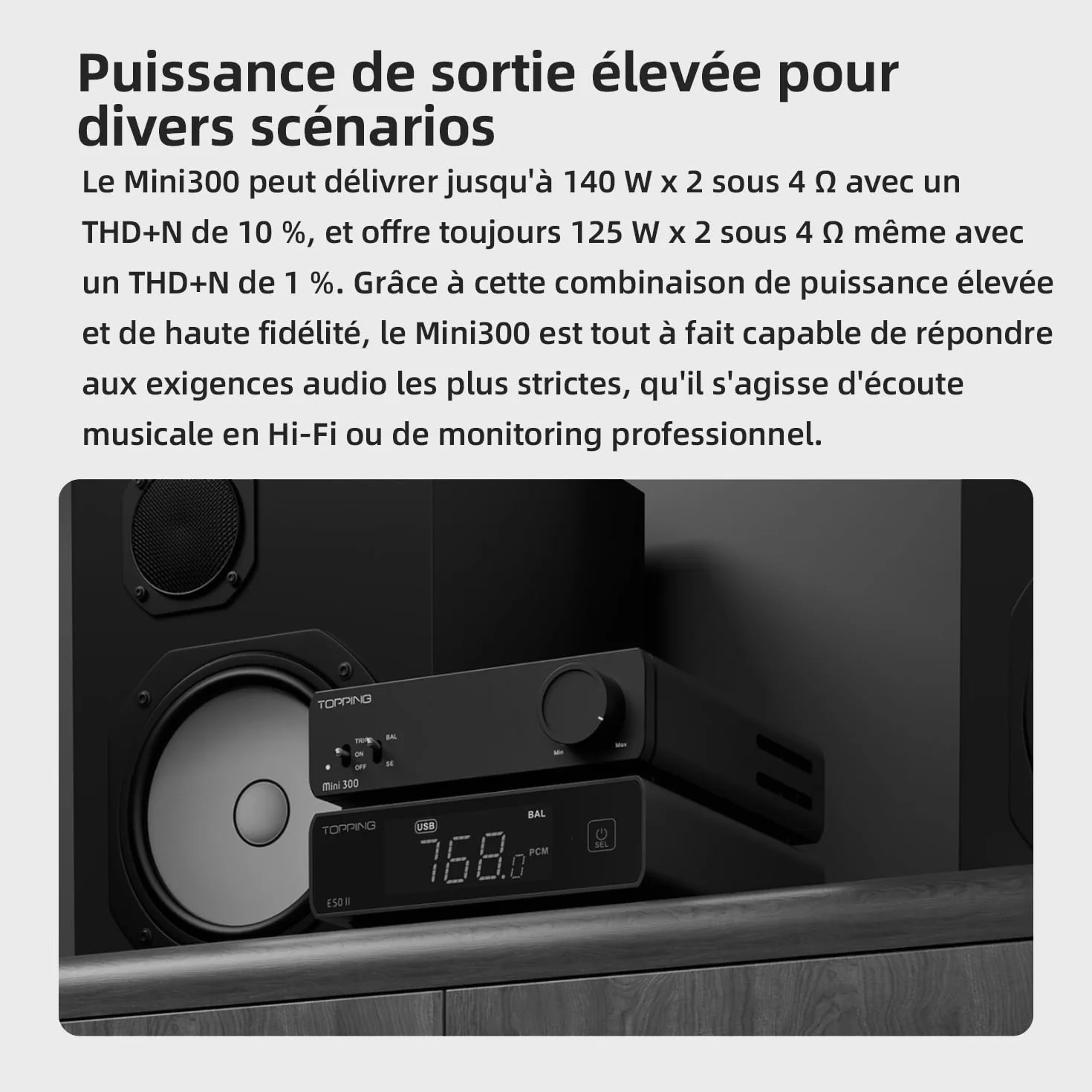 Topping Mini300 Amplificateur de bureau entièrement symétrique 140 W Compact Classe D Amplificateur de bureau avec entrée RCA/TRS, amplificateur Hi-Fi pour enceintes domestiques, argenté