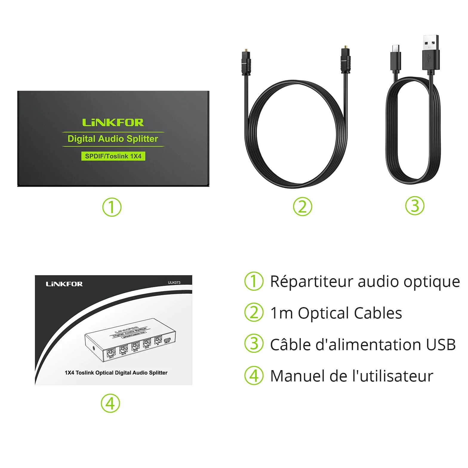 Switch Optique Audio, LiNKFOR 4x1 Commutateur Audio Toslink SPDIF Fibre Optique Numérique Switch Splitter Audio Support LPCM2.0 DTS Dolby-AC3 avec Câble Optique