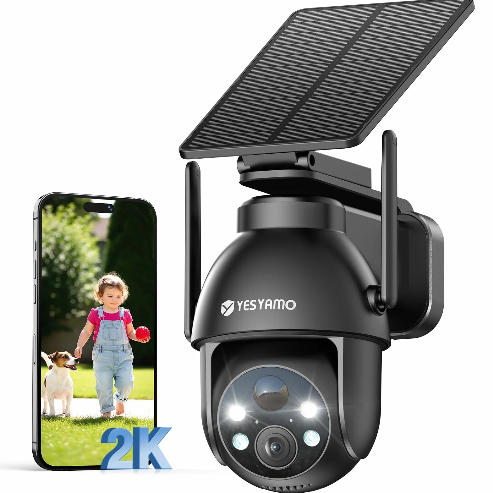 YESYAMO 2K Camera Surveillance WiFi Exterieure sans Fil Solaire, Panneau Solaire, 355° PTZ, Vision Nocturne Couleur, Audio Bidirectionnel, PIR Sirène Noir