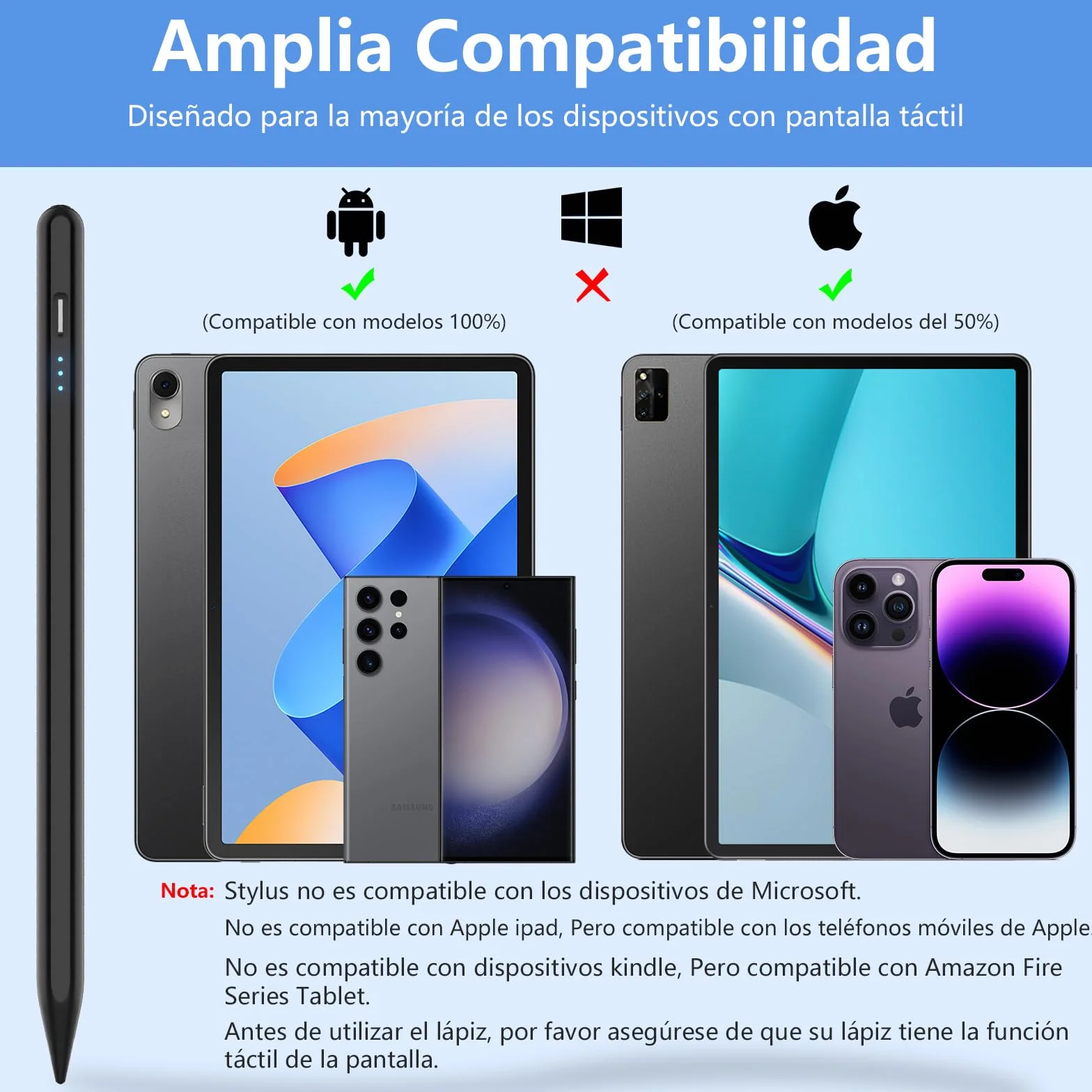 Stylet Capacitif Universel Compatible avec Lenovo, Samsung, Huawei et Mi Tablette, Noir