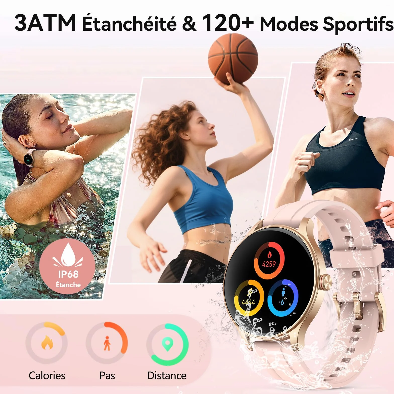 Montre Connectée Femme Smartwatch 1.57" Appel Bluetooth Surveillance Fréquence Cardiaque Sommeil 3ATM étanche 120+ Modes Sport Podometre