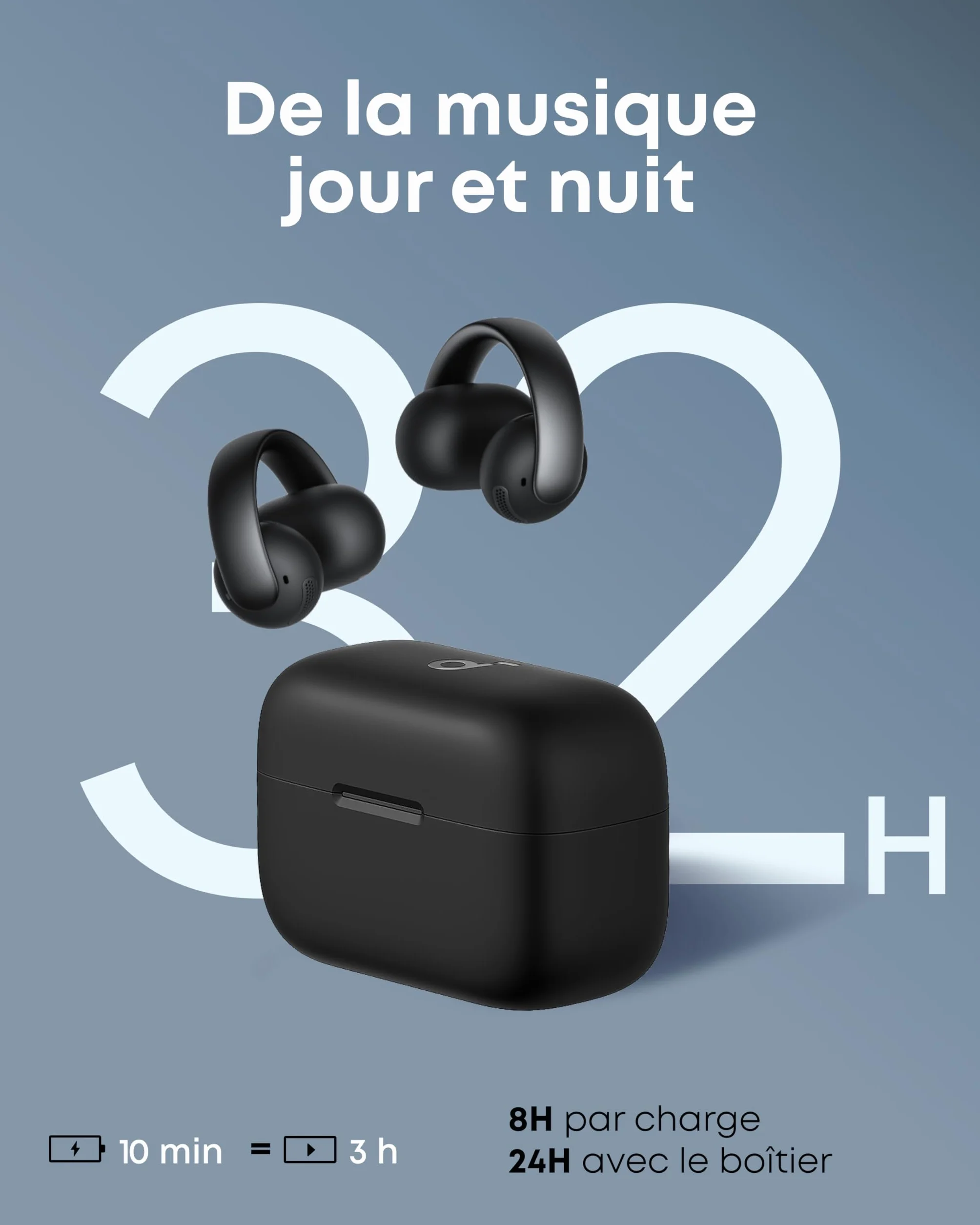 soundcore AeroClip by Anker, écouteurs Oreilles Libres à Clip, Confort adaptatif, appels clairs avec 4 micros et IA, Stables, Haut-parleurs de 12 mm, Design en Anneau Ouvert